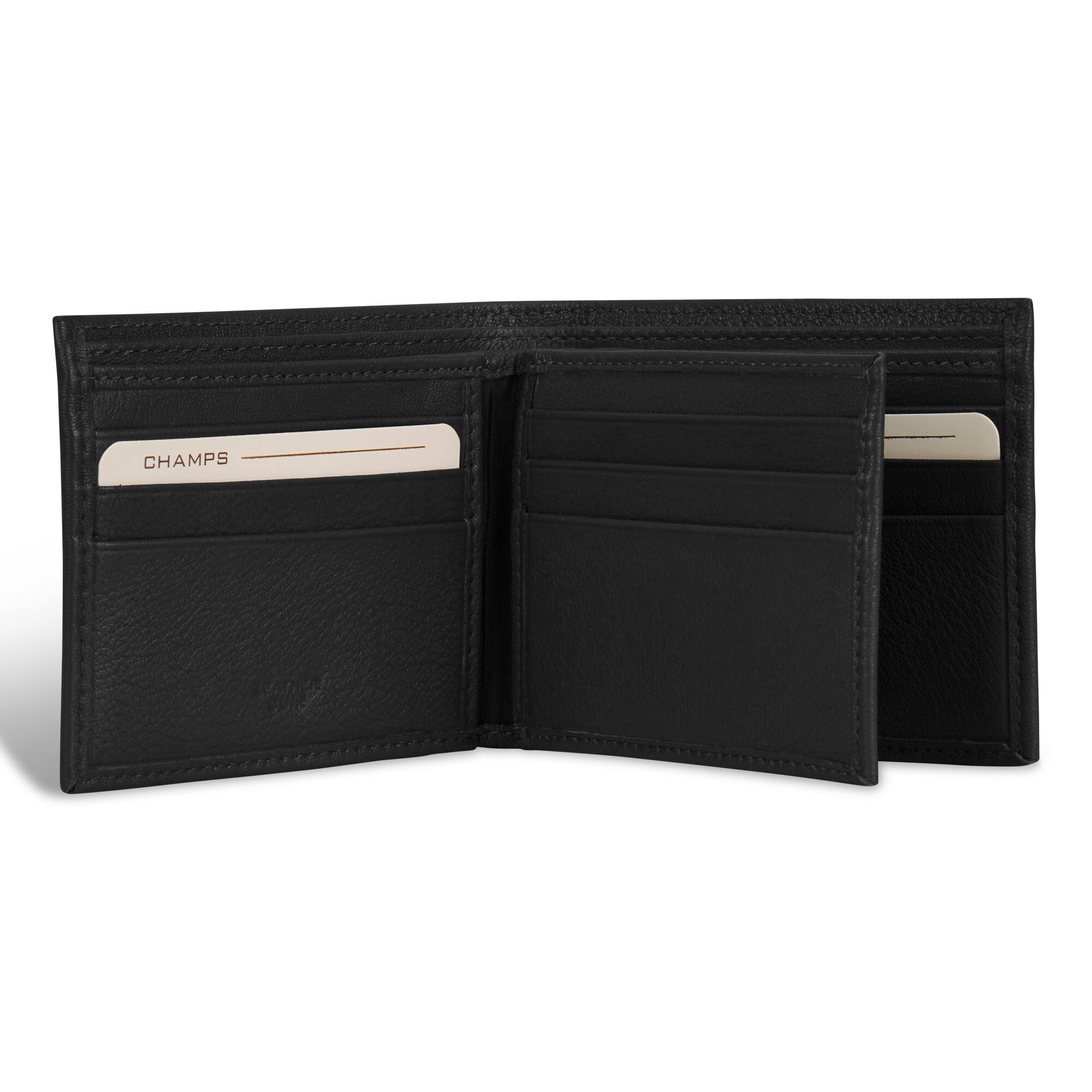 Left. Champs - Onyx Collection Leather Center Wing Wallet - Black.