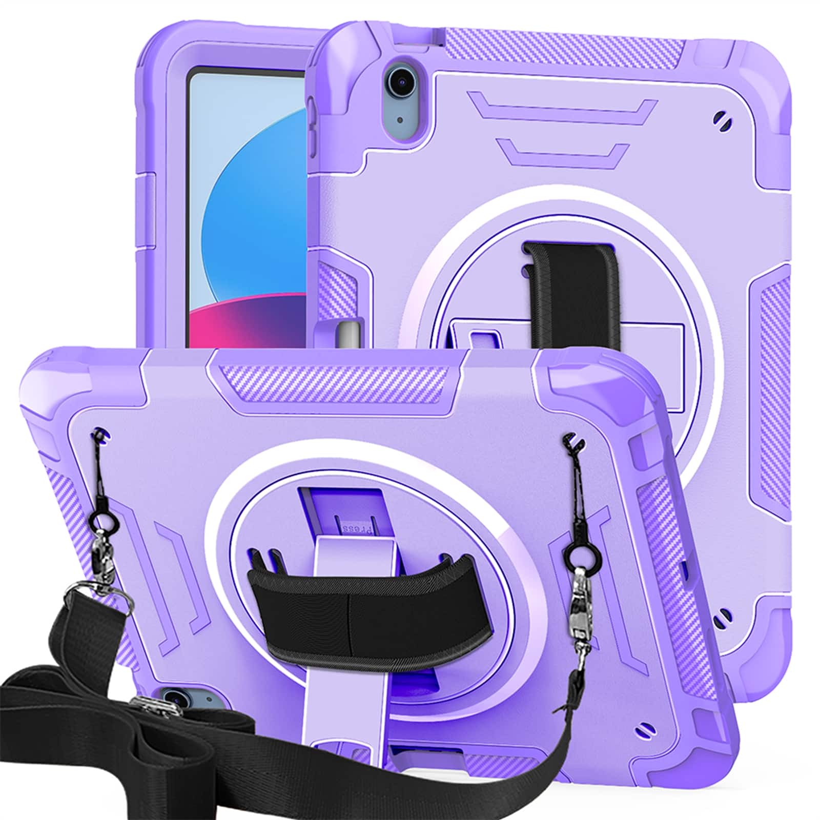 Dteck - Shockproof Case for Apple iPad (10th Generation) 10.9" 2022 with Shoulder Hand Strap, Rugged Cover with Rotating Stand - Purple