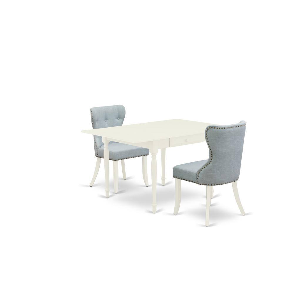Left. East West Furniture - East-West Furniture MZSI3-LWH-15 - A dinette set of two fantastic parson dining chairs with Linen Fabric Baby Blue - Mahogany.