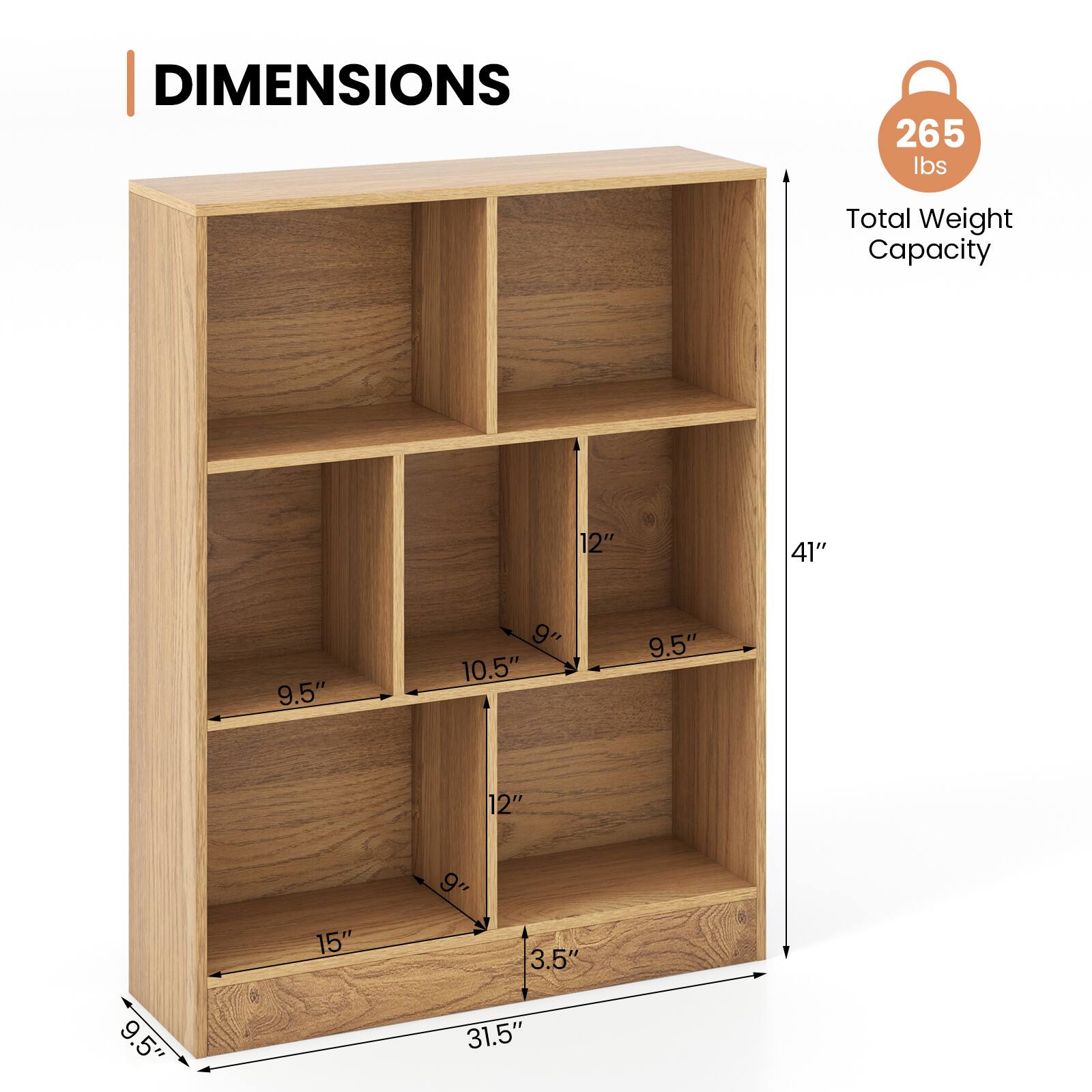 DIMENSIONS

- Total Weight Capacity: 265 lbs
- Height: 41"
- Width: 31.5"
- Depth: 15"
- Shelf Dimensions:
  - Top Shelf: 12" x 9.5"
  - Second Shelf: 10.5" x 9.5"
  - Third Shelf: 12" x 9.5"
  - Bottom Shelf: 15" x 9"