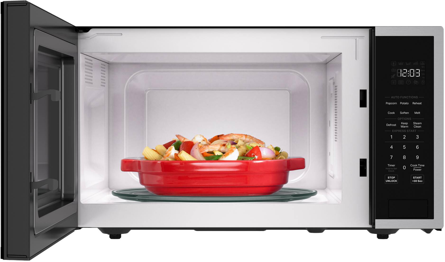Sure, here is the corrected and grouped text from the image:

---

**AUTO FUNCTIONS**
- Popcorn
- Potato
- Reheat
- Cook
- Soften
- Melt

**OPTIONS**
- Defrost
- Keep Warm
- Steam
- Clean

**EXPRESS START**
1 2 3
4 5 6
7 8 9
0

**Timer**
Hold to Set

**Cook Time Power**

**STOP UNLOCK**

**START +30 Sec**

---

This text is organized according to the layout and functions displayed on the microwave's control panel.