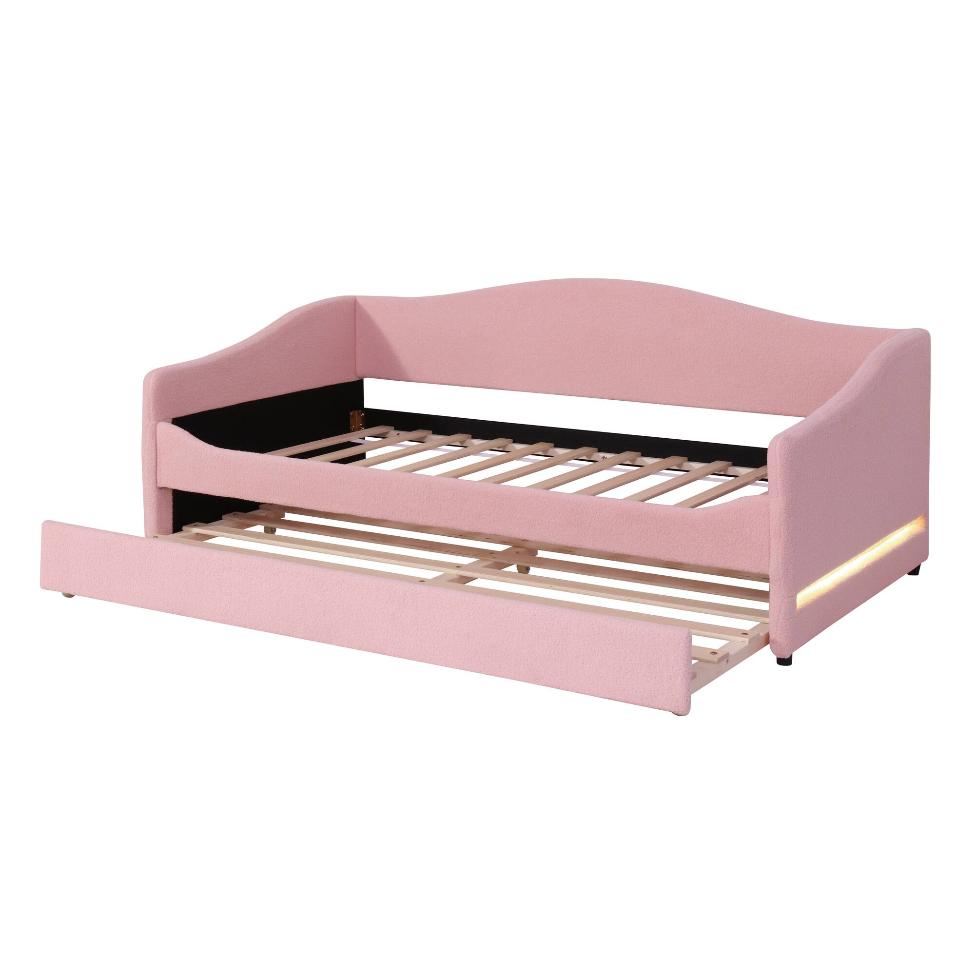 Alt View 5. Tiramisubest - Teddy Fleece Twin Size Upholstered Daybed with Light and Trundle, Pink - Pink.