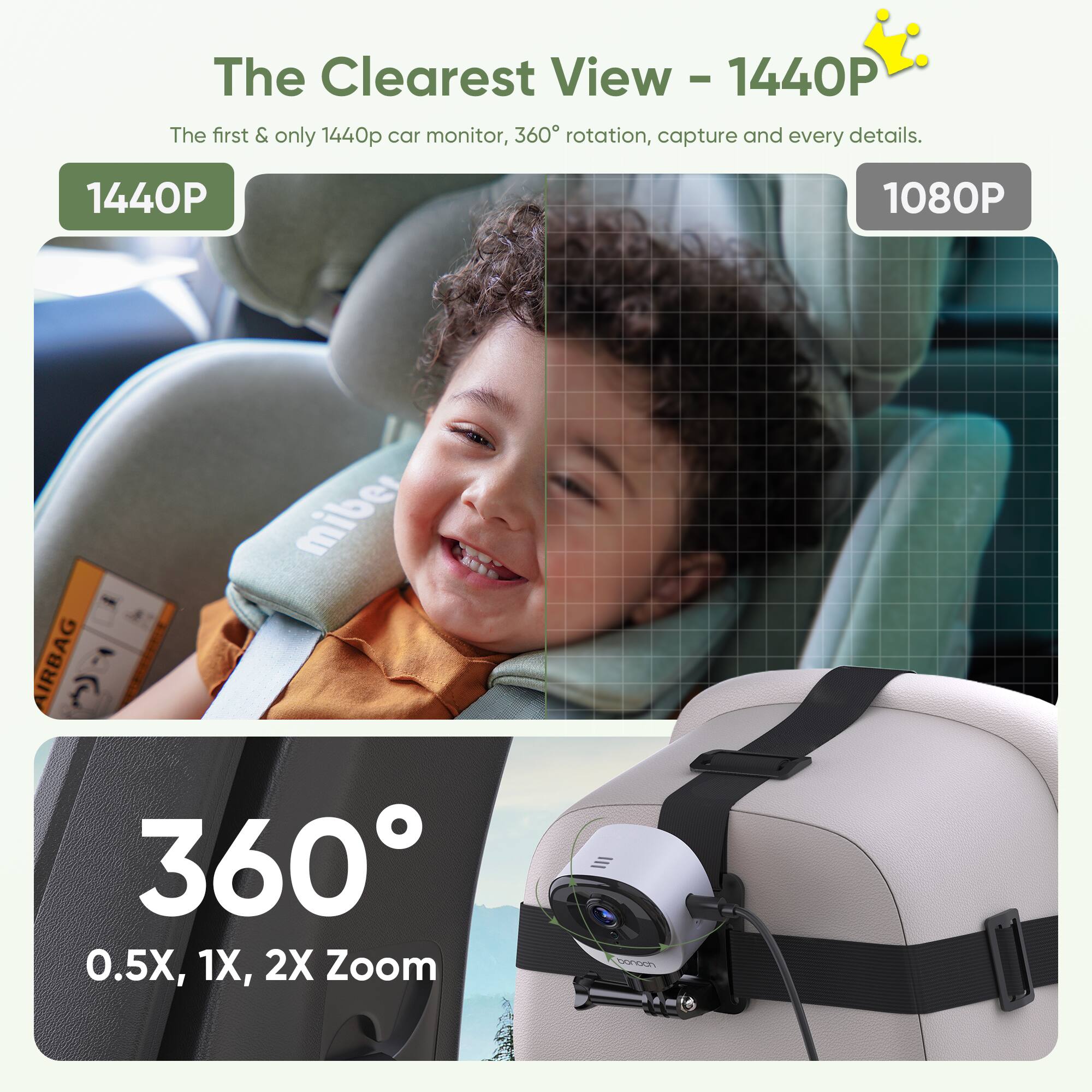 The Clearest View - 1440P  
The first & only 1440p car monitor, 360° rotation, capture and every details.  
1440P  
1080P  
miber AIRBAG 360° 0.5X, 1X, 2X Zoom
