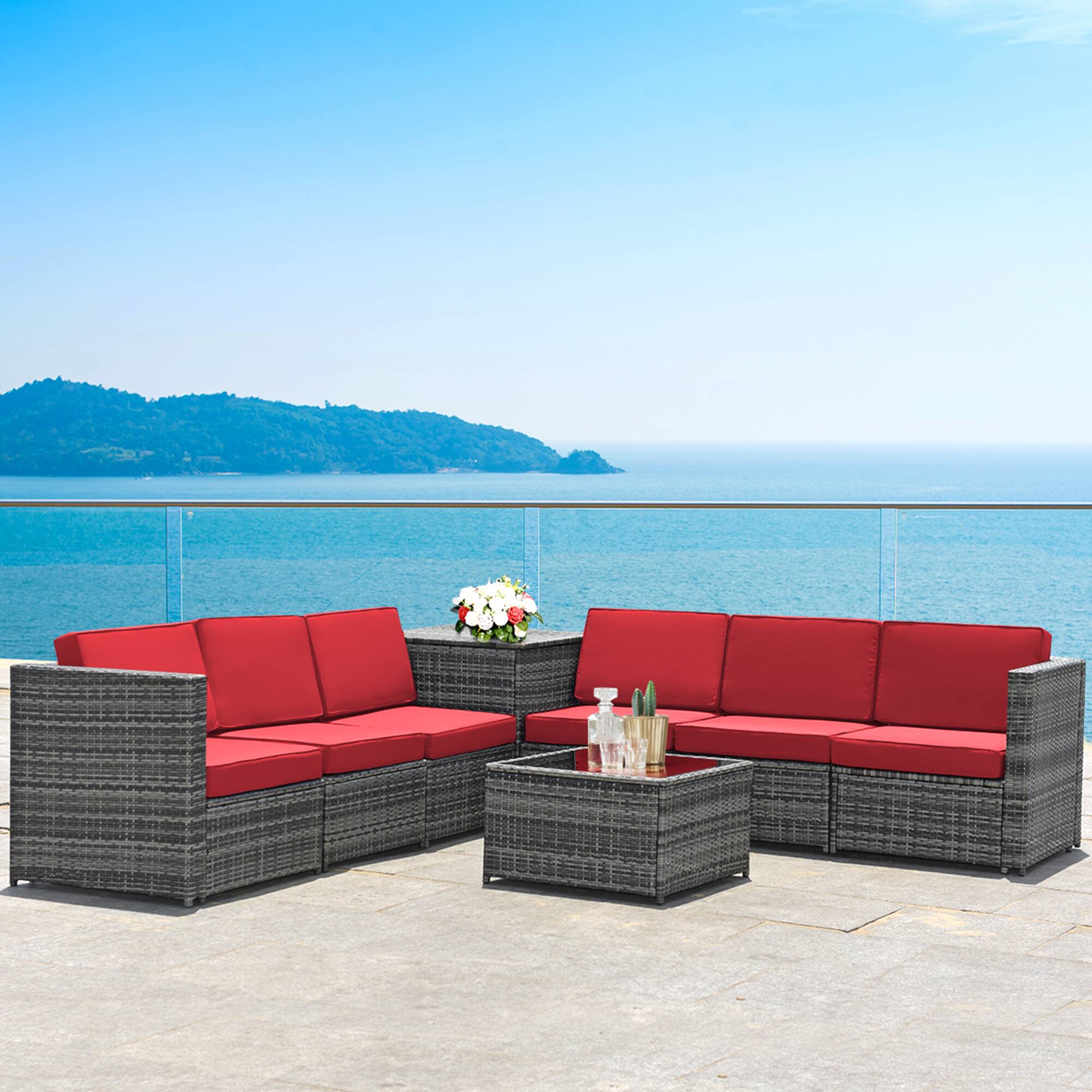Gymax - 8PCS Patio Rattan Sofa Sectional Conversation Furniture Set w/ Cushion - Red