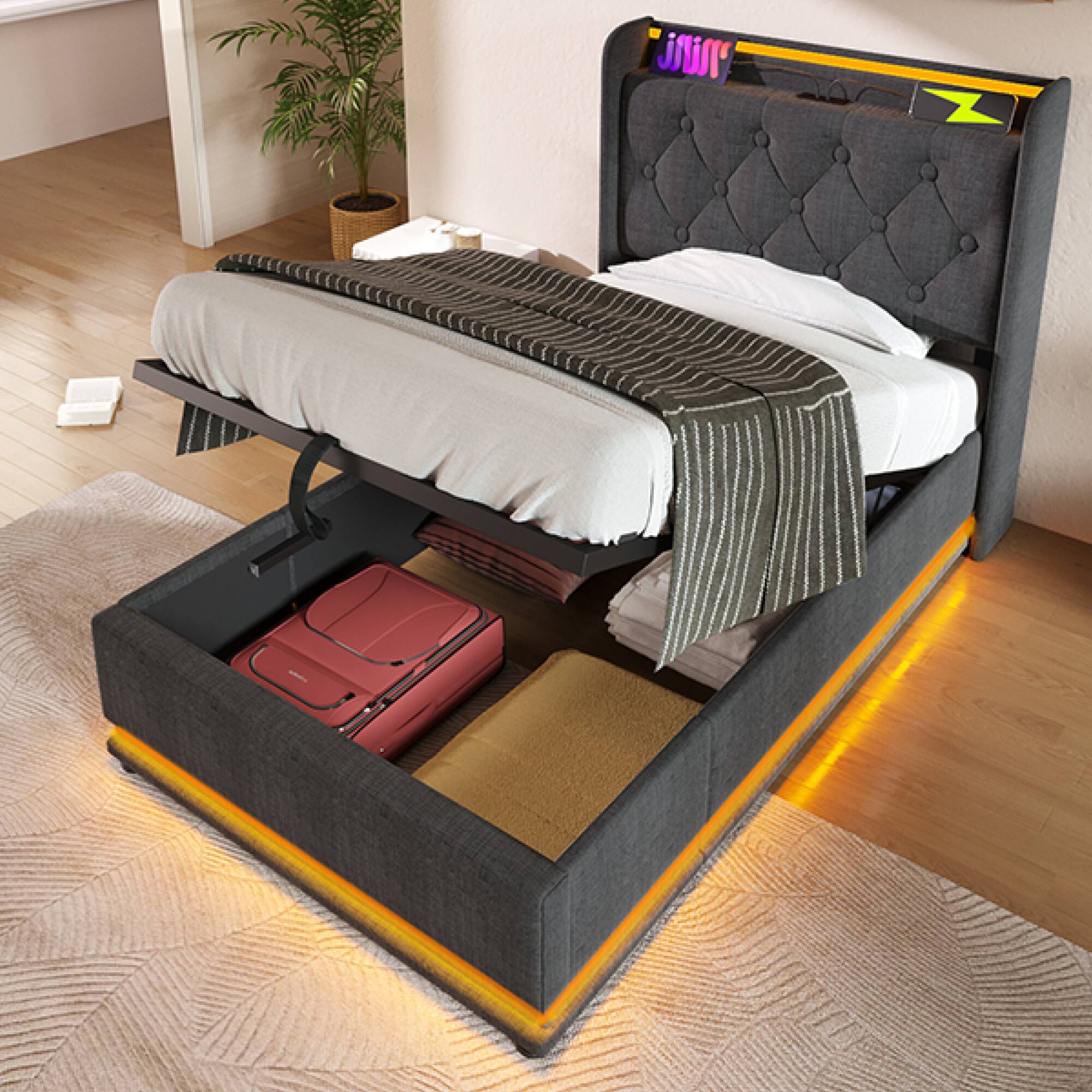 Alt View 6. GOODSILO - Twin Size Upholstered Bed Frame with LED Lighting and Hydraulic Storage - Gray.