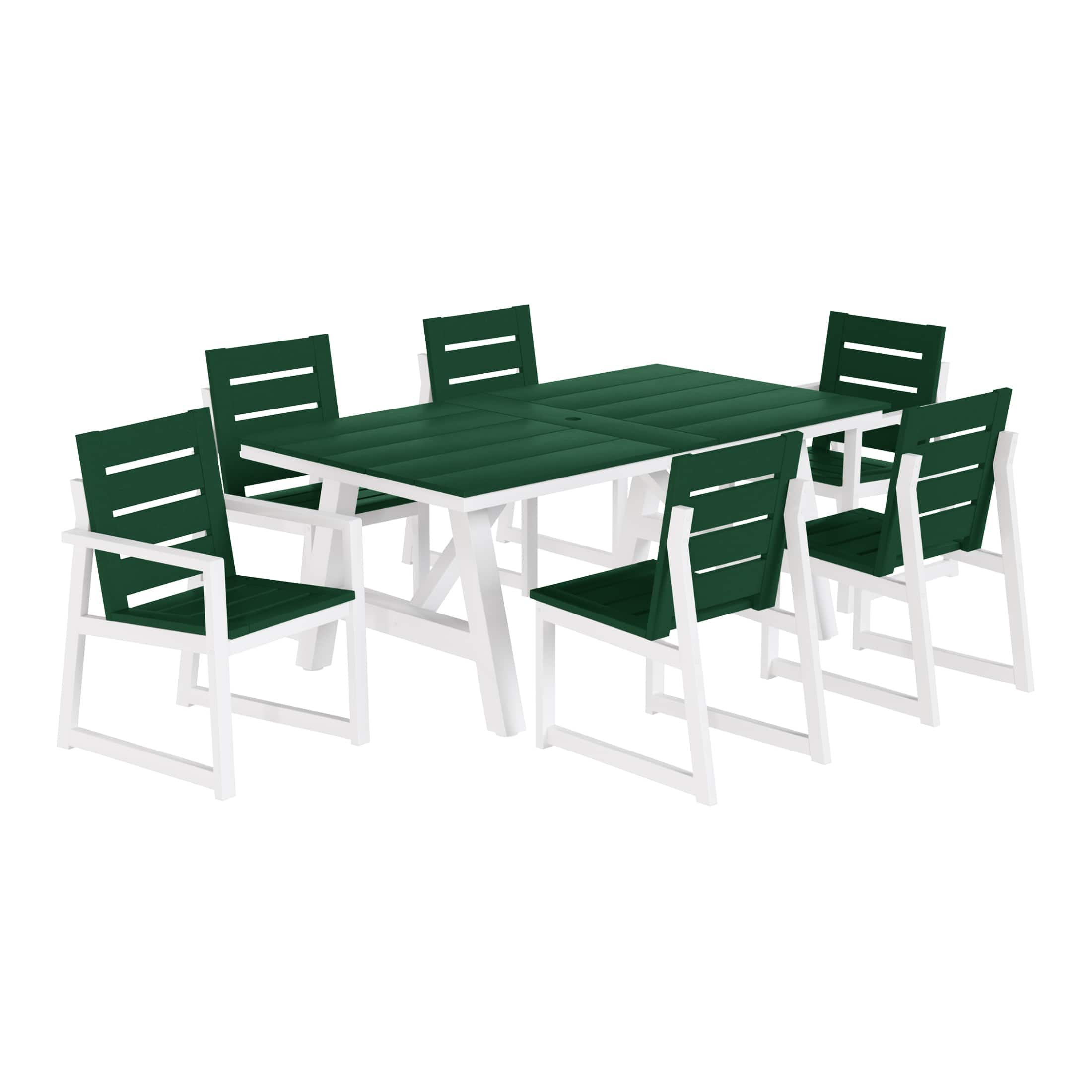 WestinTrends - Cape May 7-Piece HDPE Outdoor Furniture Patio Dining Table With Umbrella Hole and Chairs Set For 6 - Dark Green