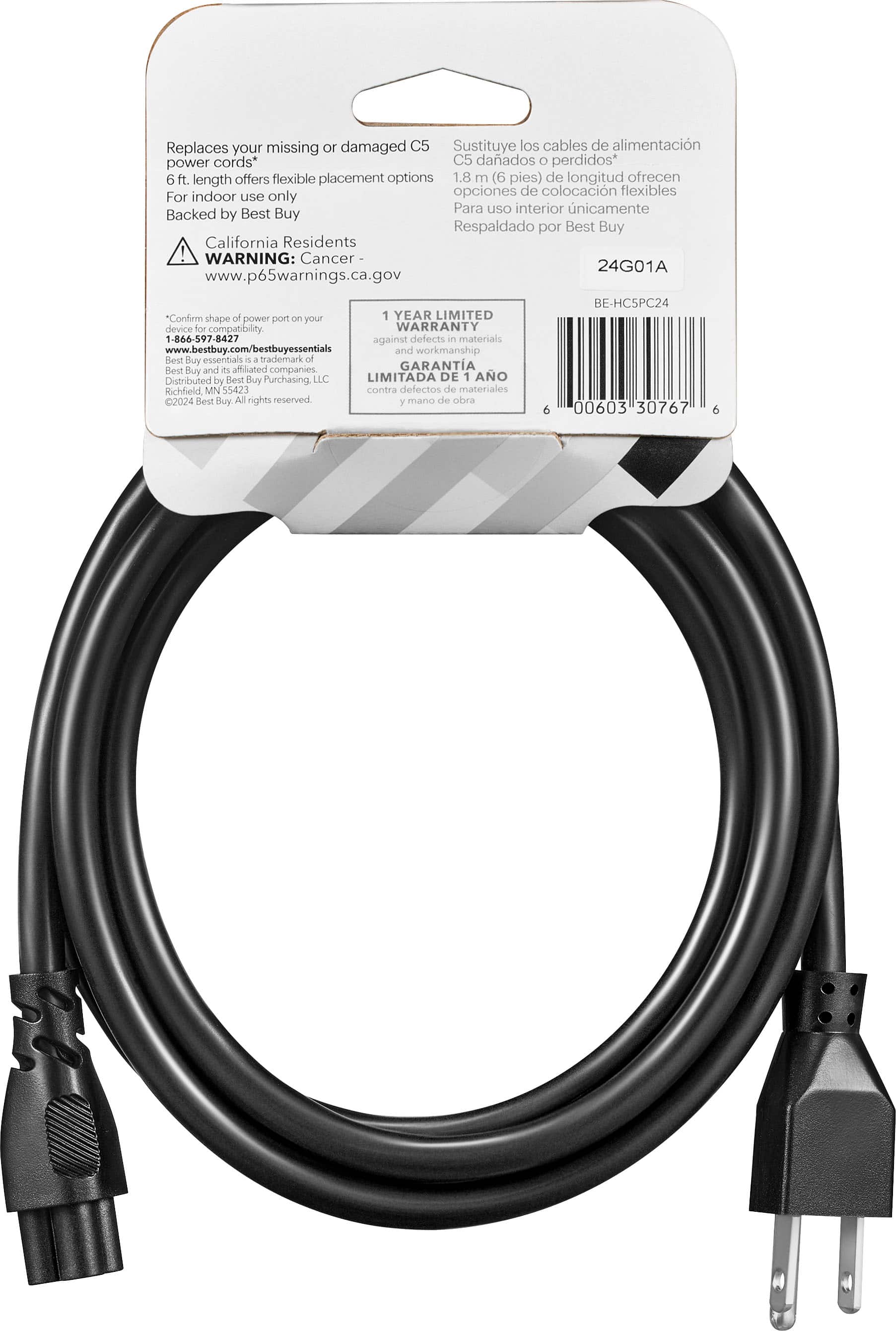 The image features a black cord, which is a replacement for damaged or missing C5 power cords. The cord is 1.8 meters (6 feet) long, providing flexible placement options. The cord is designed for indoor use only and comes with a 1-year limited warranty against defects in materials and workmanship. The cord is backed by Best Buy, and the packaging indicates that it is a trademark of Best Buy and its affiliated companies. The cord is distributed by Best Buy Purchasing LLC and is available for purchase at Best Buy stores.