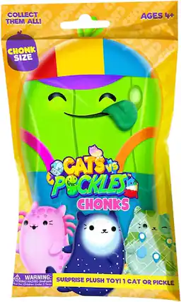 NO 2 THEM COLLECT ALL! CHA CH ANO CHON CHC CHON AGES 4+ Cre CHON 7 CHONK CHO EHO SIZE OIP CATS VS TM POCKLES CHONKS WARNING: SURPRISE CHOKING HAZARD-Small parts PLUSH TOY! 1 CAT OR PICKLE Not for Children Under 3 Years