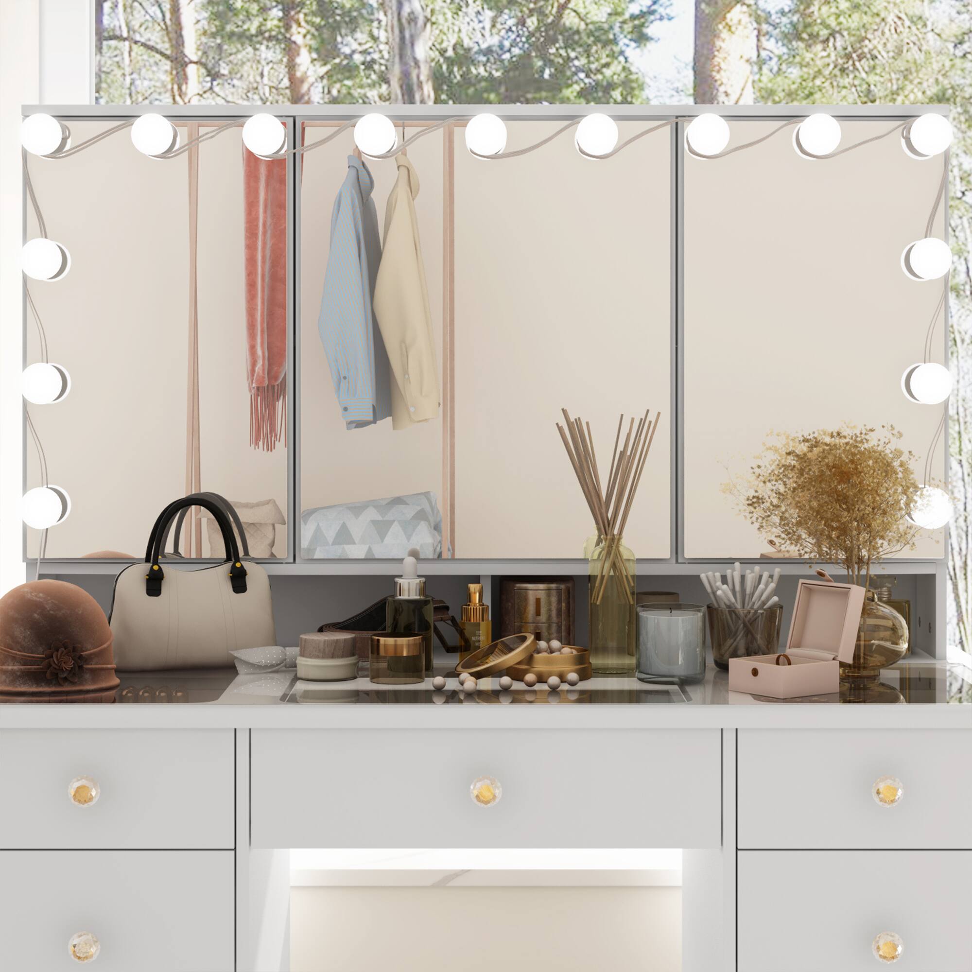 Alt View 6. Famapy - Hollywood Tri-Mirror Vanity with Glass Top & Sphere Lights Remote 3-Color Dimmable Lighting Display Cabinet - White.