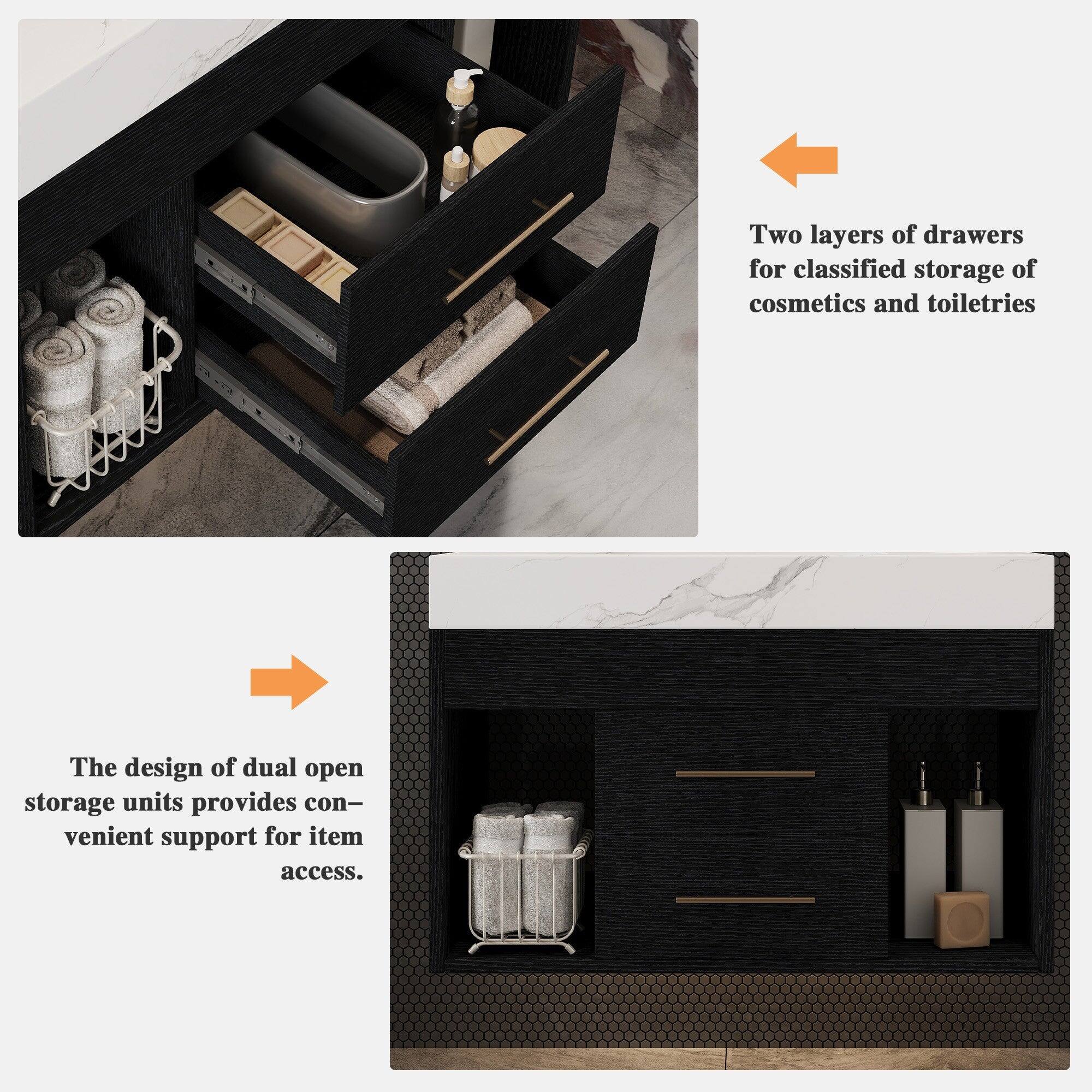 Two layers of drawers for classified storage of cosmetics and toiletries. The design of dual open storage units provides convenient support for item access.