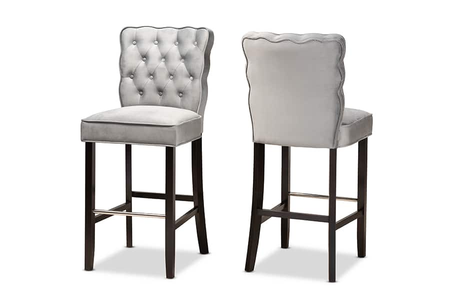 Baxton Studio - Daphne Modern Velvet Upholstered and Dark Brown Finished 2-Piece Bar Stool Set - Dark Grey/Dark Brown