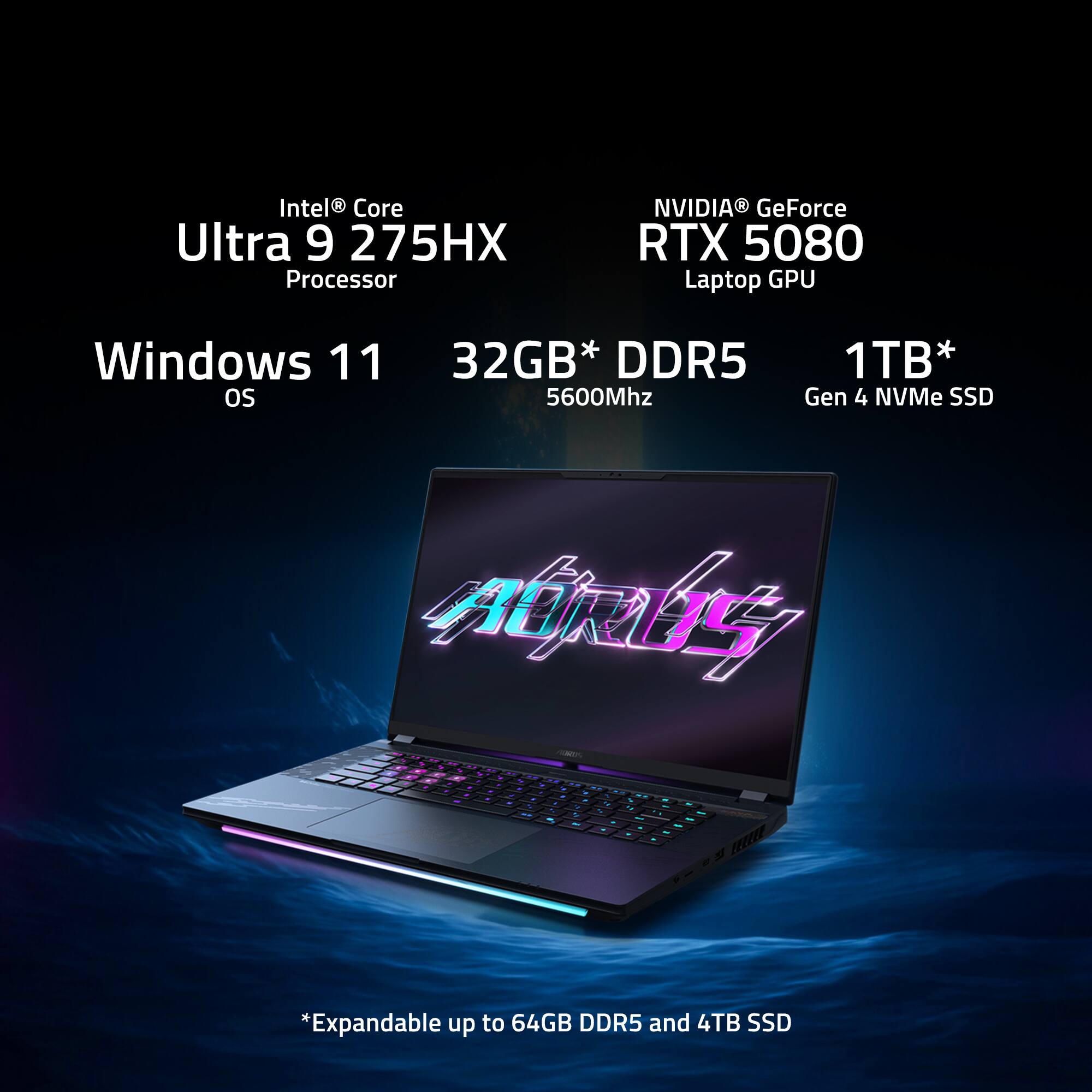Intel Core Ultra 9 275HX Processor, NVIDIA GeForce RTX 5080 Laptop GPU, Windows 11 OS, 32GB* DDR5 5600Mhz, 1TB* Gen 4 NVMe SSD, *Expandable up to 64GB DDR5 and 4TB SSD