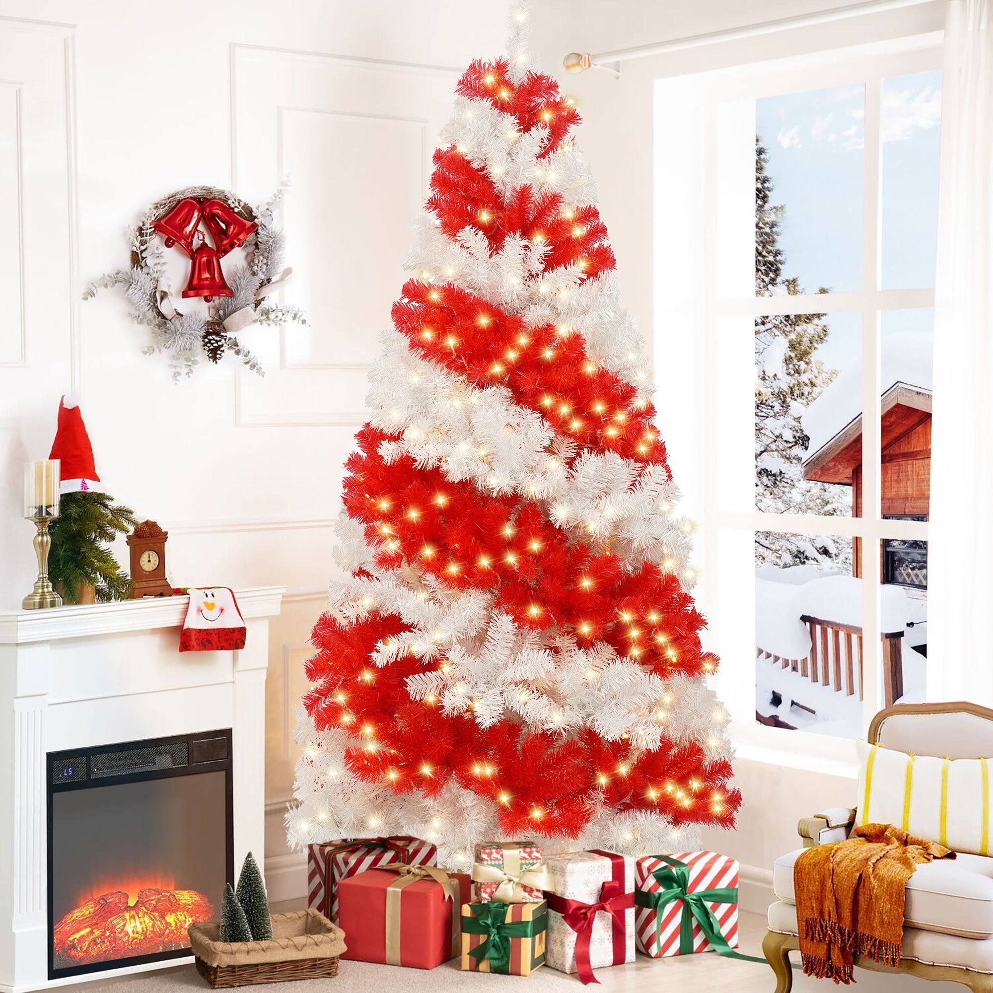 Angle. BreeBe - 6ft Artificial Christmas Tree with 300 LED Lights and 900 Bendable Branches - Red,White.
