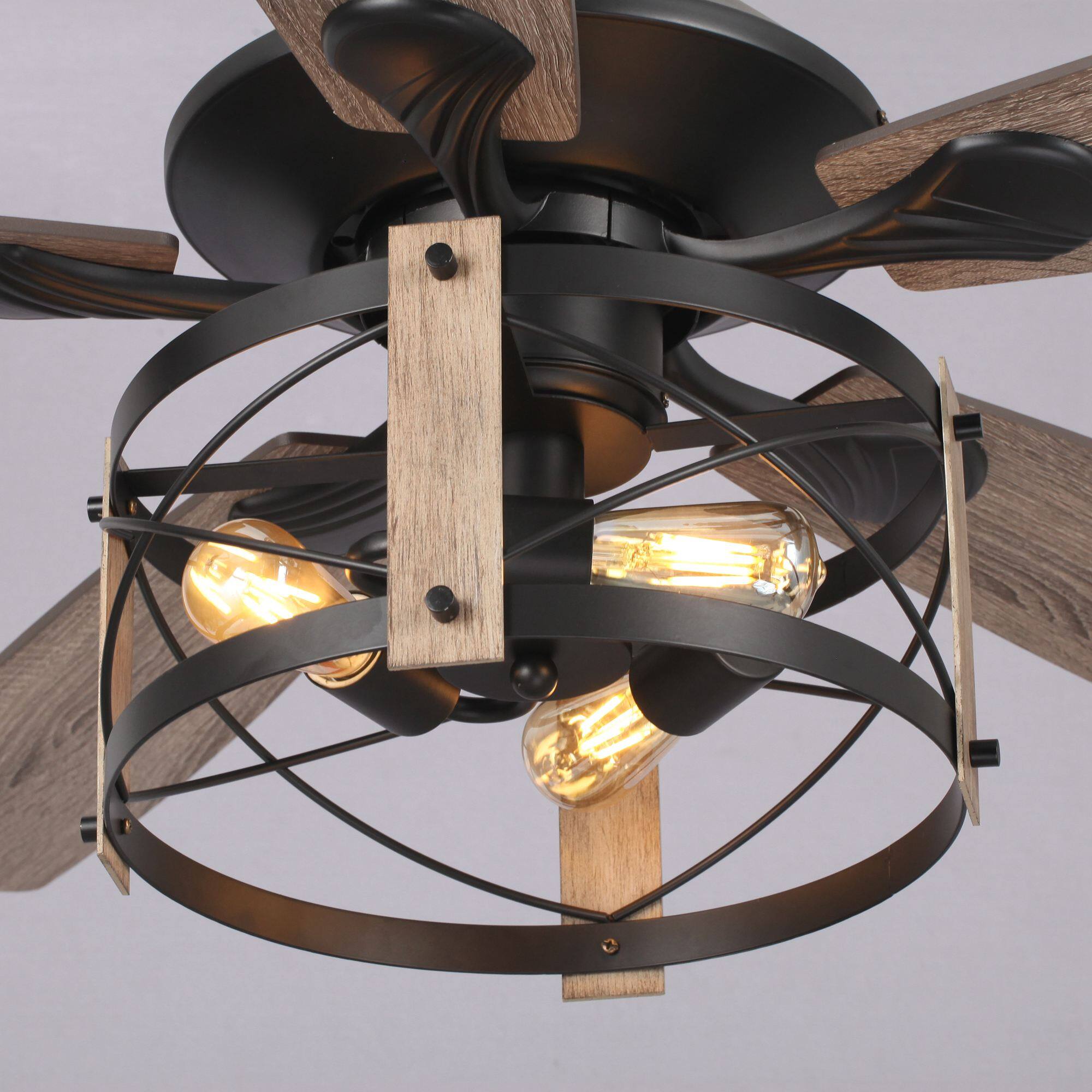 Alt View 10. Parrot Uncle - 52" Walnut Wood 5-Blade Industrial Indoor Ceiling Fan Chandelier with Remote - Black.