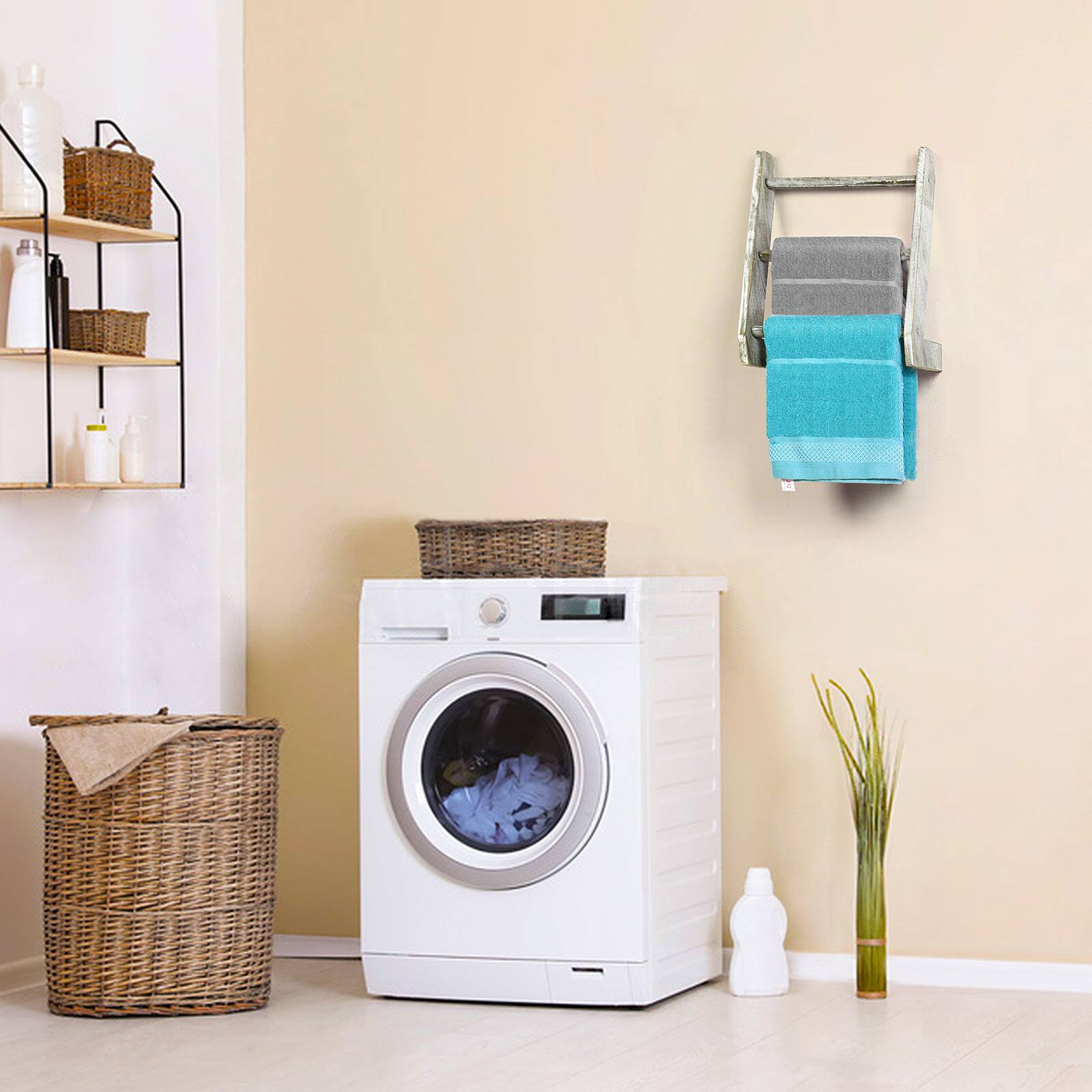 Alt View 3. Oumilen - Olive Green Wooden Ladder Towel Rack – Wall Mounted Bathroom Holder for Folded Towels - Olive Green.