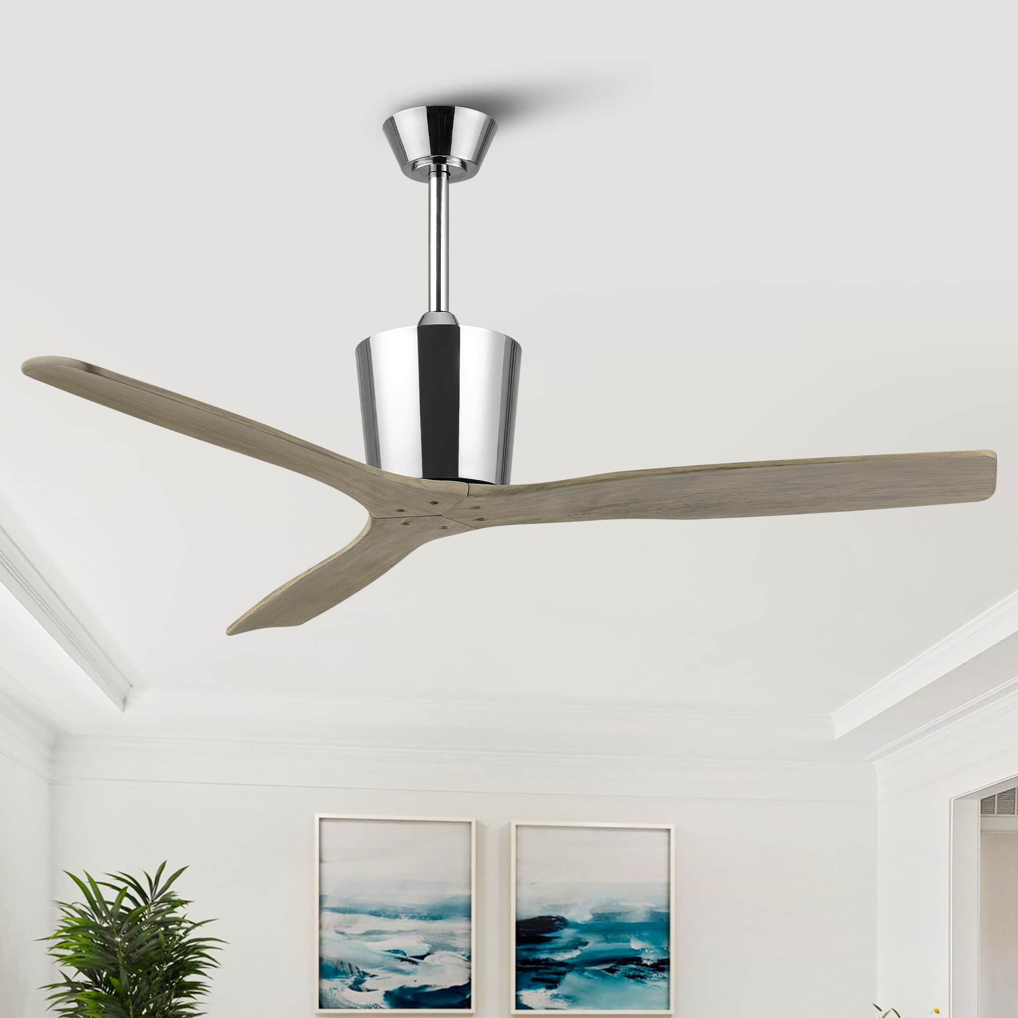 Parrot Uncle - 54" Modern Solid Wood 6 Speeds Ceiling Fan with Remote, No Light - Chrome