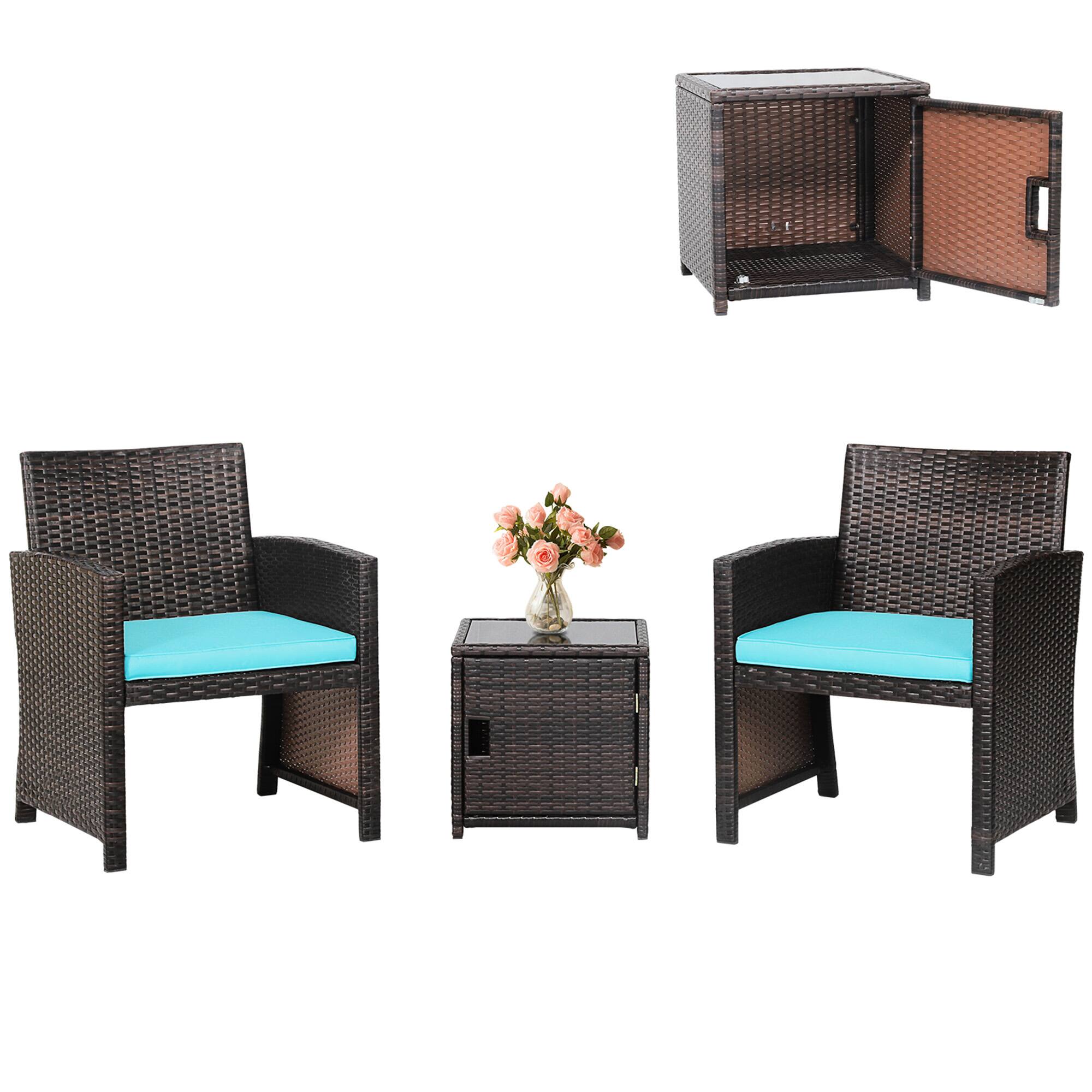 Alt View 1. Gymax - Gymax 3PCS Patio PE Rattan Conversation Furniture Set Bistro Set w/ Waterproof Cover Turquoise - Turquoise.
