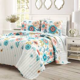 Hivvago - King size Lightweight Floral Teal 3-Piece Polyester Quilt Set - Blue Pink White