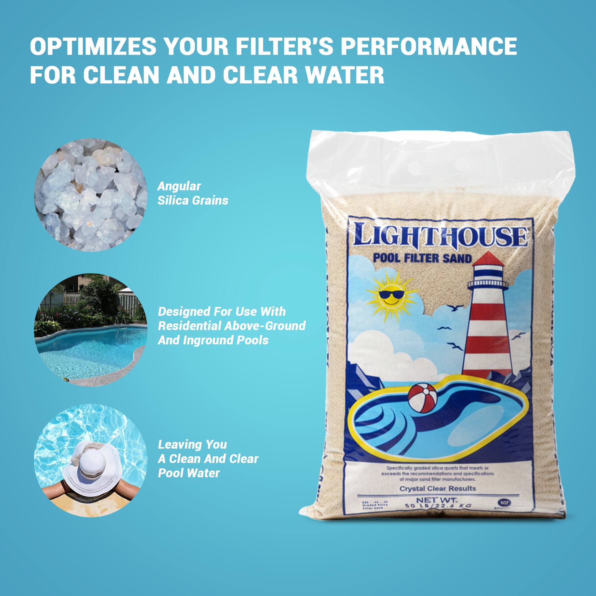 OPTIMIZES YOUR FILTER'S PERFORMANCE FOR CLEAN AND CLEAR WATER

Angular Silica Grains

Designed For Use With Residential Above-Ground And Inground Pools

Leaving You A Clean And Clear Pool Water

LIGHTHOUSE POOL FILTER SAND

Specifically graded silica quartz that meets or exceeds industry standards and recommendations of major sand and filter manufacturers.

Crystal Clear Results

NET WT. 50 LB / 22.6 KG
