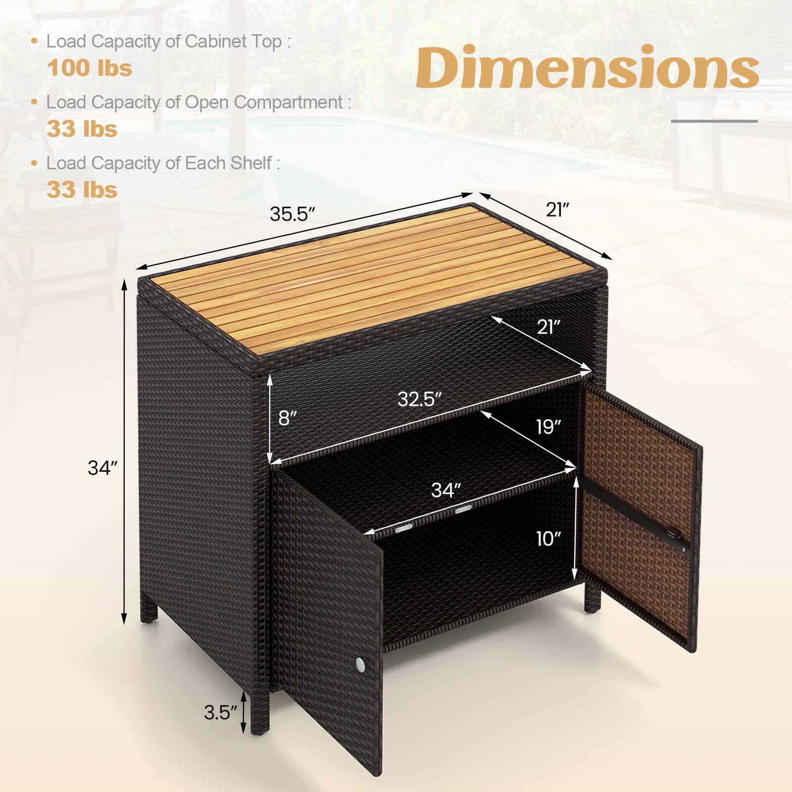 Load Capacity of Cabinet Top : 100 lbs

Load Capacity of Open Compartment: 33 lbs

Load Capacity of Each Shelf: 33 lbs

Dimensions: 35.5" 21" 21" 8" 32.5" 19" 34" 34" 10" 3.5"