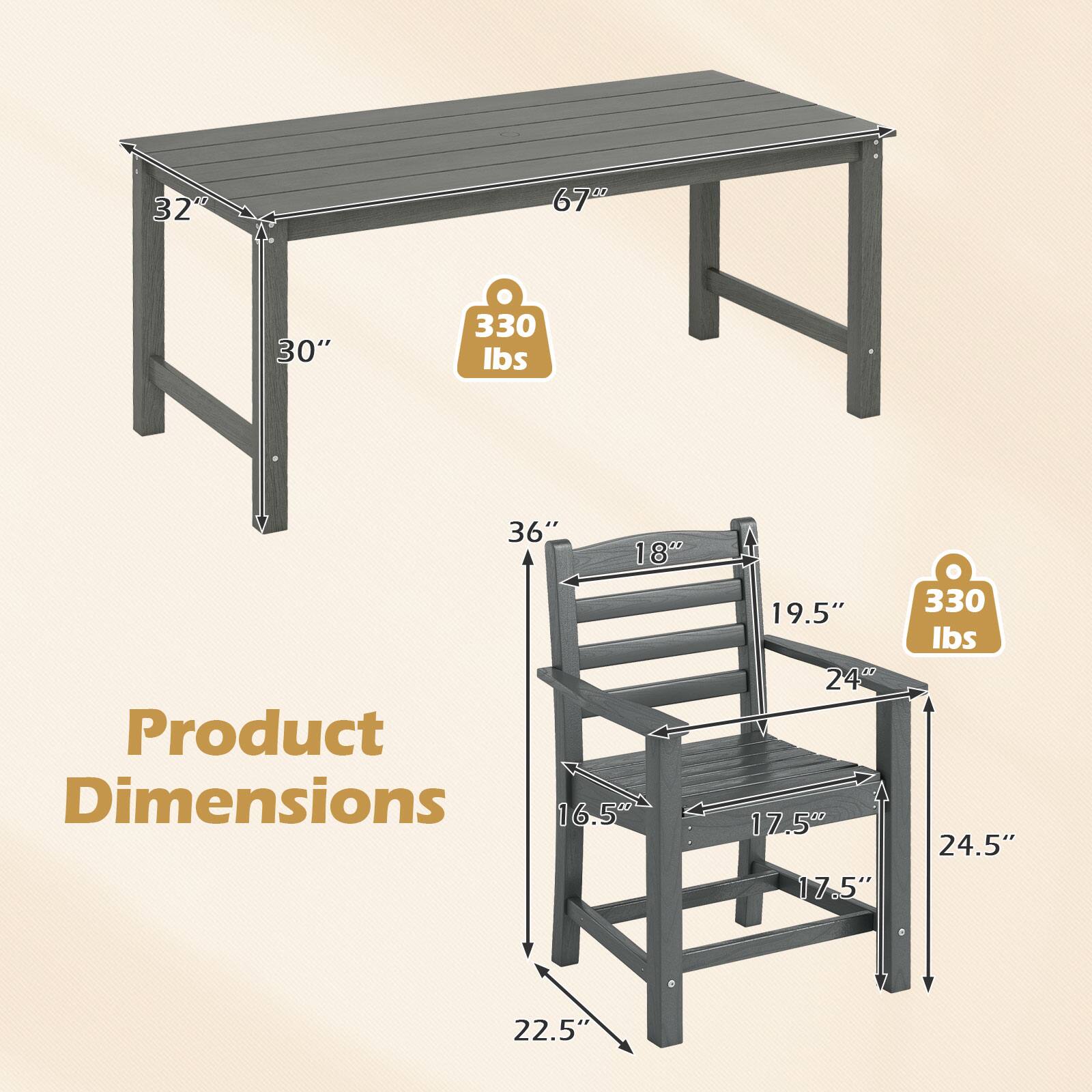 32" x 67"  
30"  
330 lbs  
36"  
18"  
Product Dimensions  
16.5" x 19.5" x 24"  
17.5"  
330 lbs  
24.5" x 22.5"