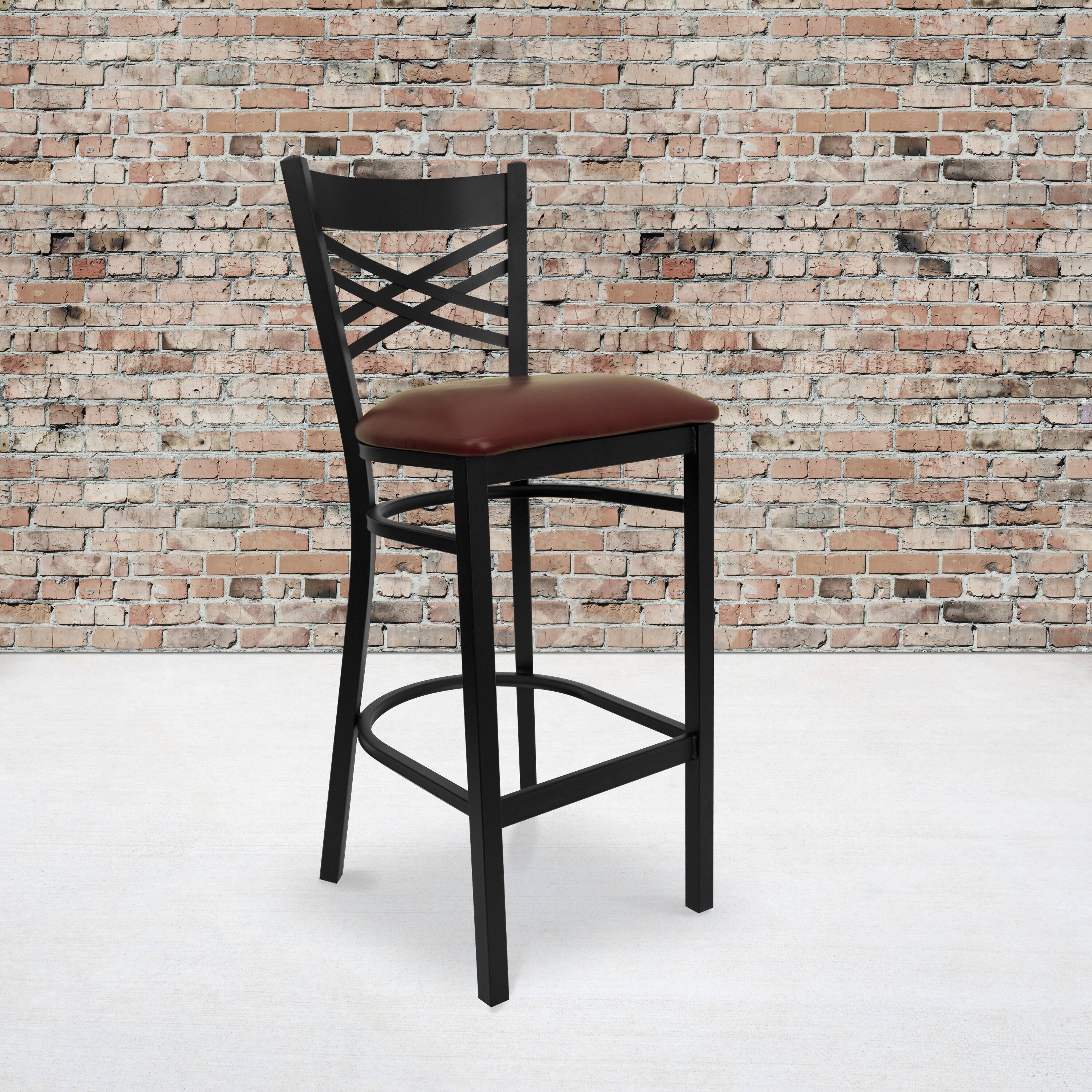 Alt View 2. Emma + Oliver - 2 Pack "X" Back Metal Restaurant Barstool - Burgundy Vinyl Seat/Black Metal Frame.