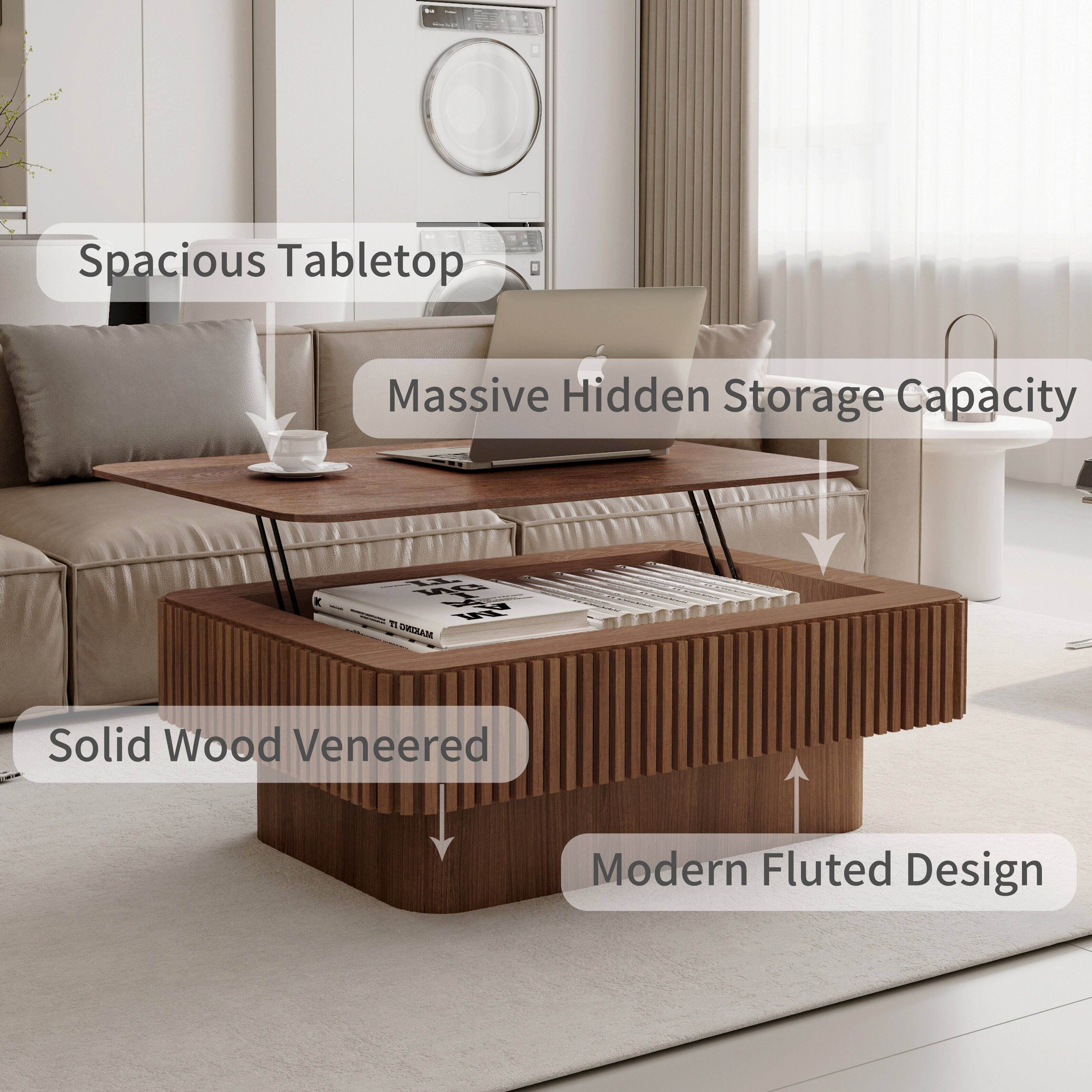 Spacious Tabletop  
Massive Hidden Storage Capacity  
Solid Wood Veneered  
Modern Fluted Design