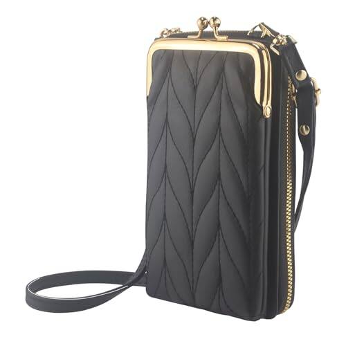 Front. DORLUKFU - PU Leather Small Crossbody Phone Bag, Kiss Lock Phone Shoulder Bag, Zipper Cash Pocket Purse with Credit Card Slots - Black.
