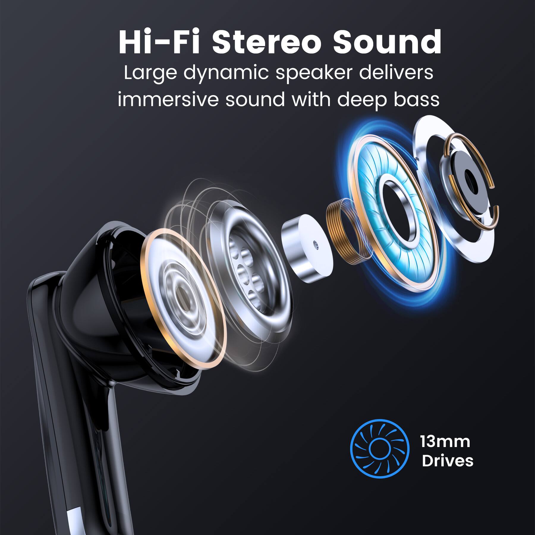 Hi-Fi Stereo Sound  
Large dynamic speaker delivers immersive sound with deep bass  
13mm Drives