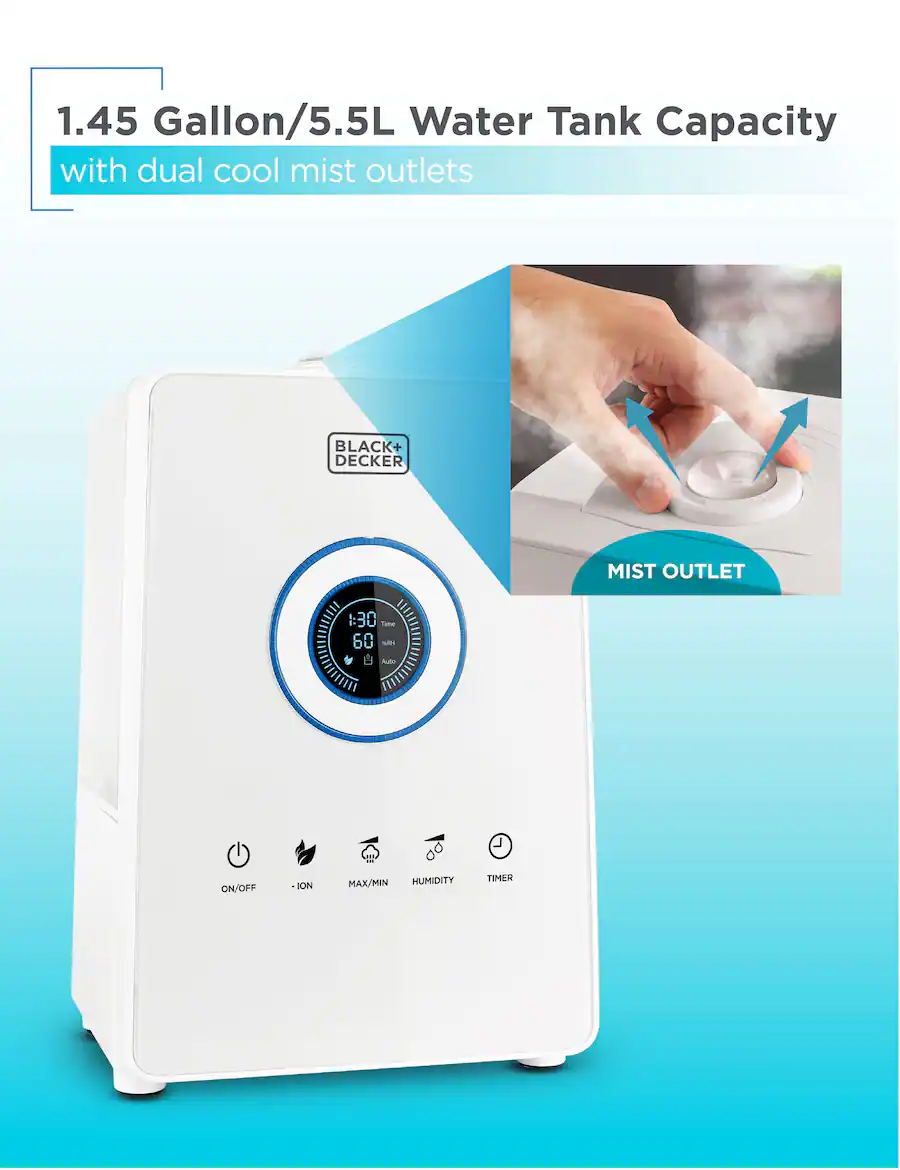 Black+Decker 1.45 Gallon Cool Mist Ultrasonic Console Humidifier 600 Sq ...