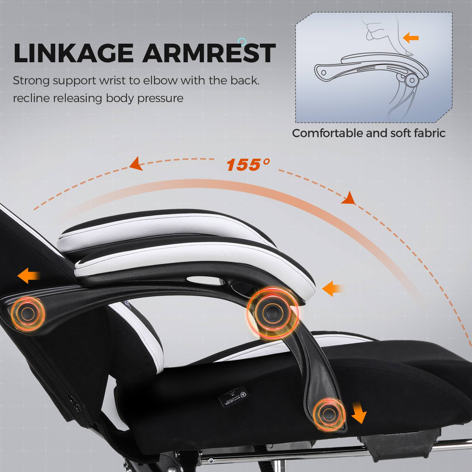 LINKAGE ARMREST

Strong support wrist to elbow with the back. recline releasing body pressure

Comfortable and soft fabric

155°