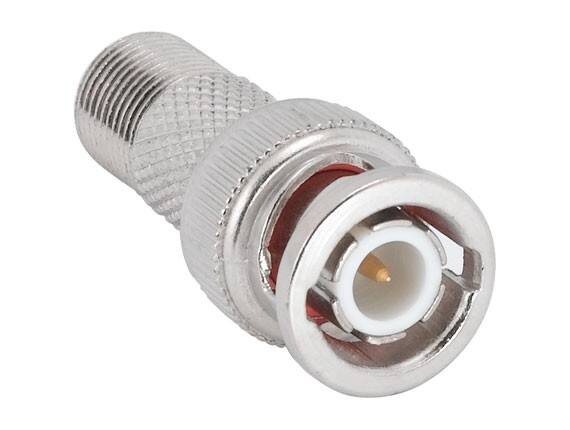 Angle. Cable Leader - F-Type Male to BNC Female Adapter, 75-Ohm, RF Coaxial, Fully Molded - Silver.