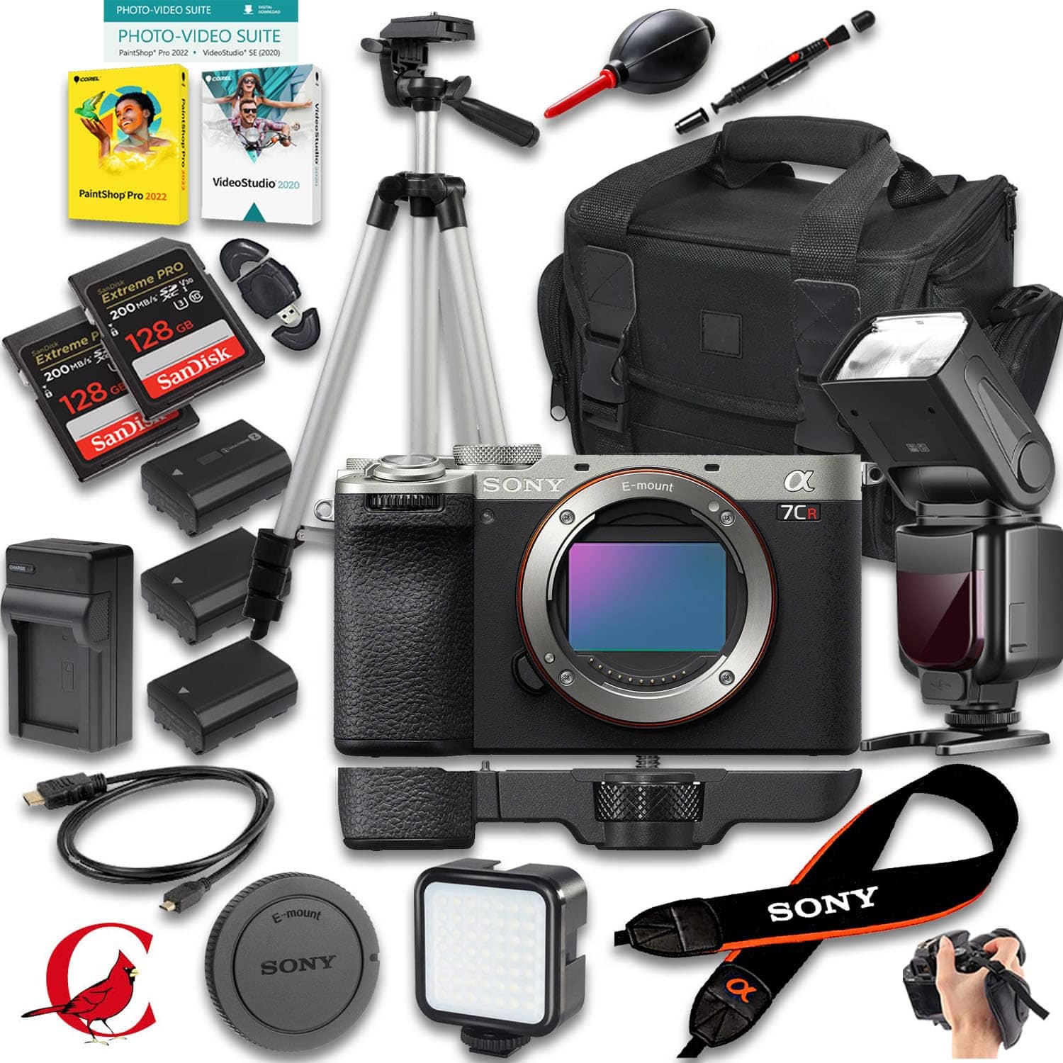 Bundle - Sony - a7CR Mirrorless Camera + 256 GB Memory Card + 2pc Extra Battery + Camera Case + Tripod + More (21pc - Silver