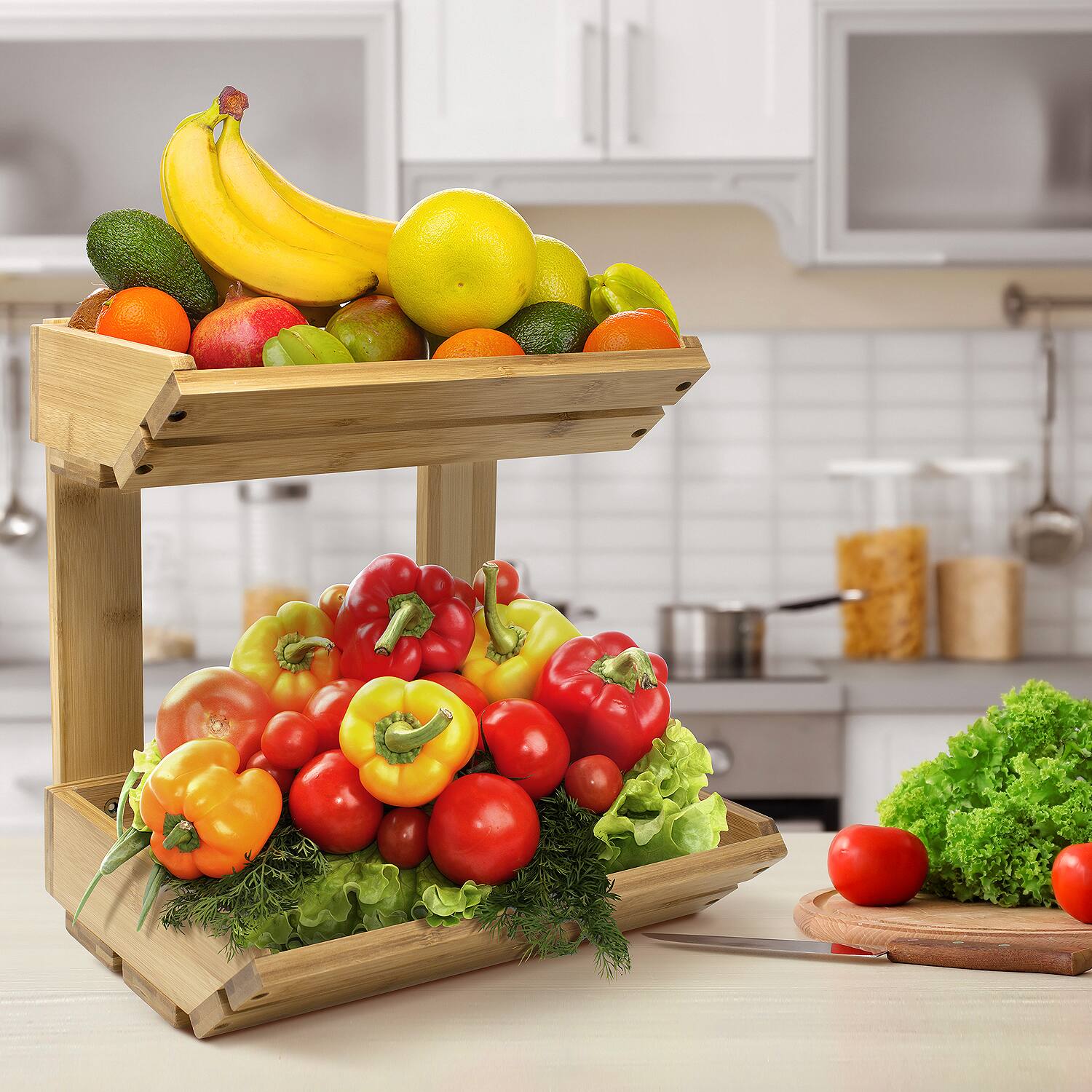 Angle. Sorbus - Sorbus 2-Tier Bamboo Basket Rack Stand Holder for Kitchen Counters, Home Storage Basket Display Tray - Bamboo.