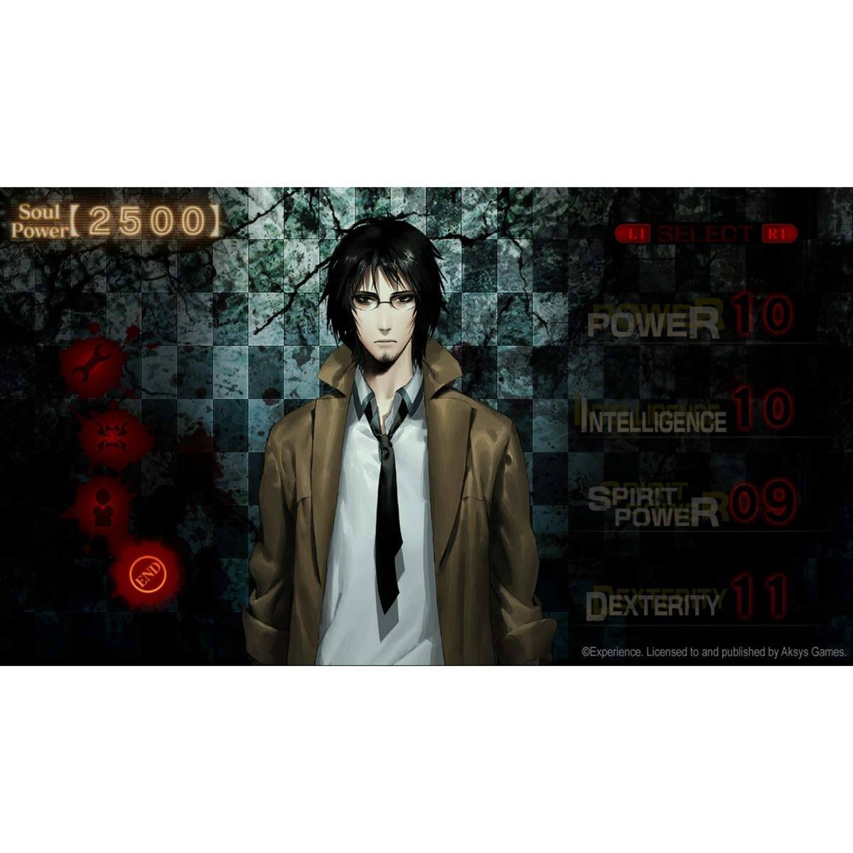 Soul Power: 2500

L1 SELECT R1

Power: 10  
Intelligence: 10  
Spirit Power: 09  
Dexterity: 11

©Experience. Licensed to and published by Aksys Games.