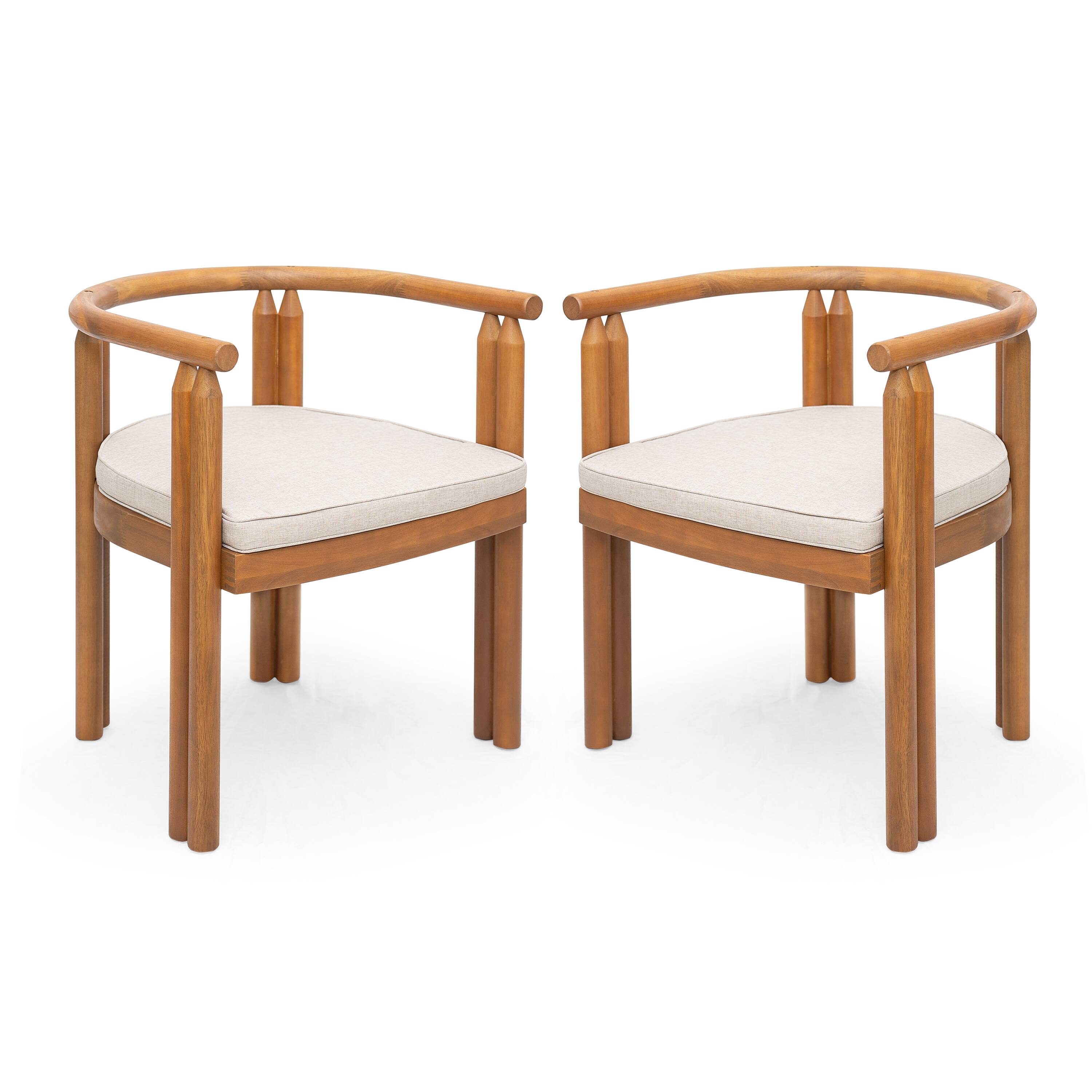 Angle. Mondawe - Set of 2 Acacia Wood Armrest Dining Chair with Cushion - Teak+ Beige.