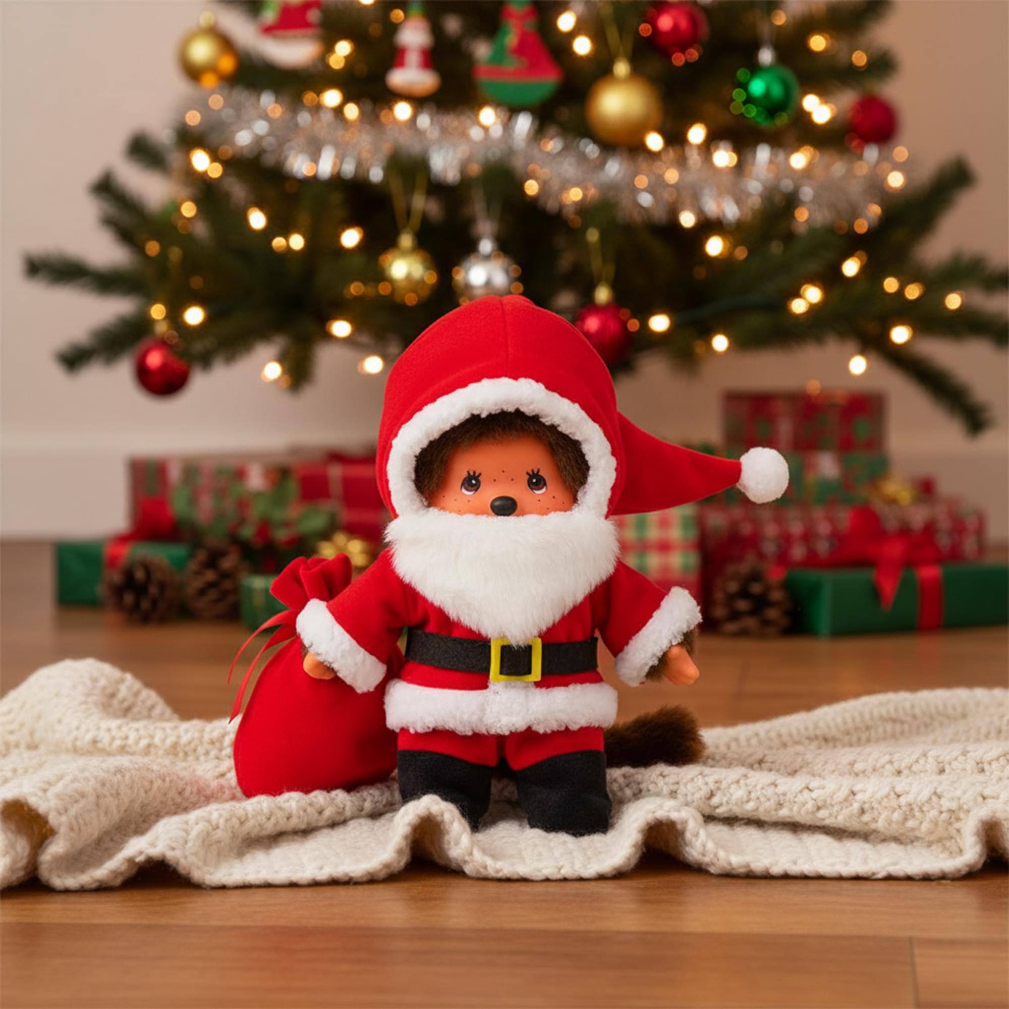 Alt View 2. Sumikkogurashi - Monchhichi Santa Claus Boy 8 Inch Plush - Red.