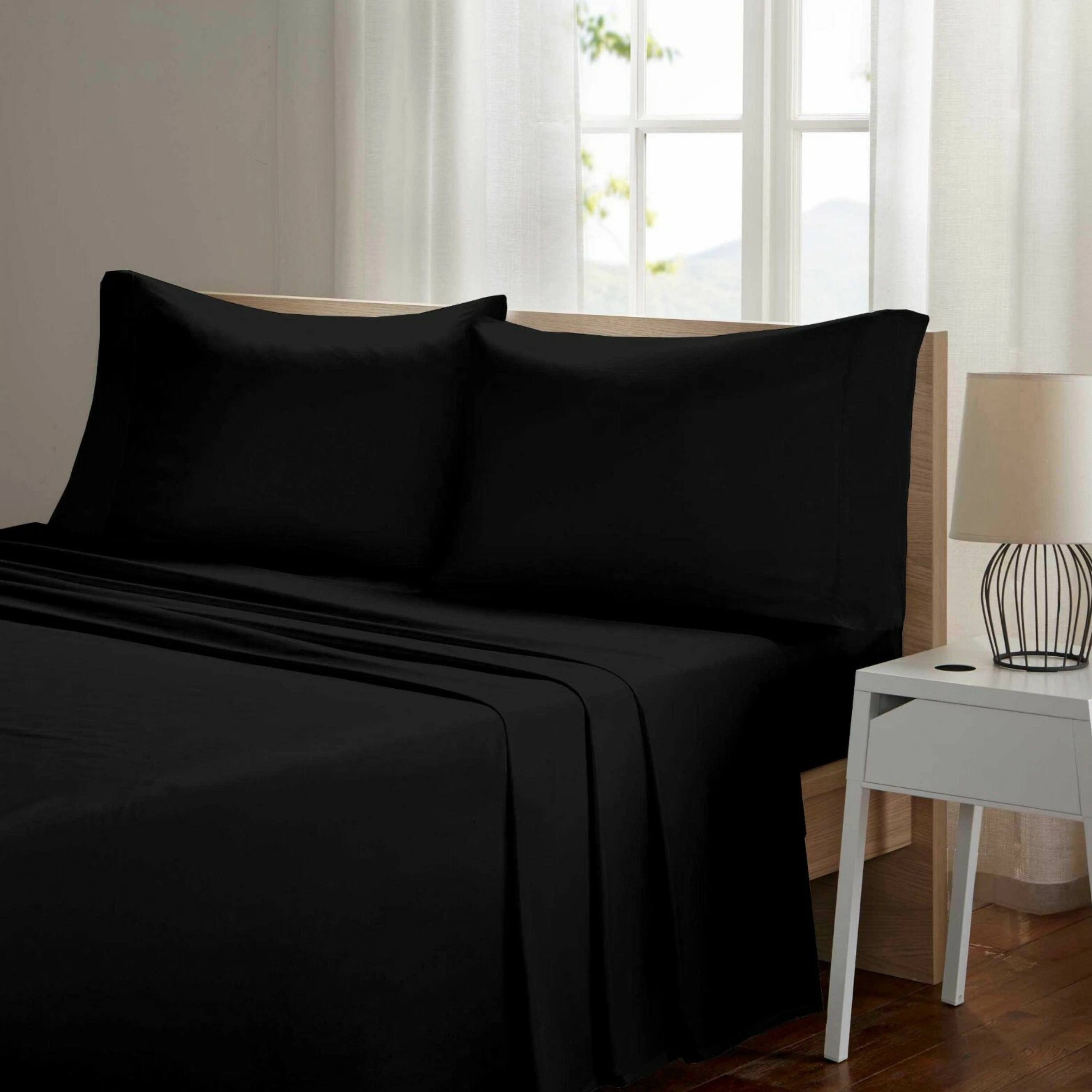 Angle. Kitcheniva - 4 Piece Bed Sheet Set Microfiber Comfort Ultra Soft Deep Pocket Sheets Black California King - Black.