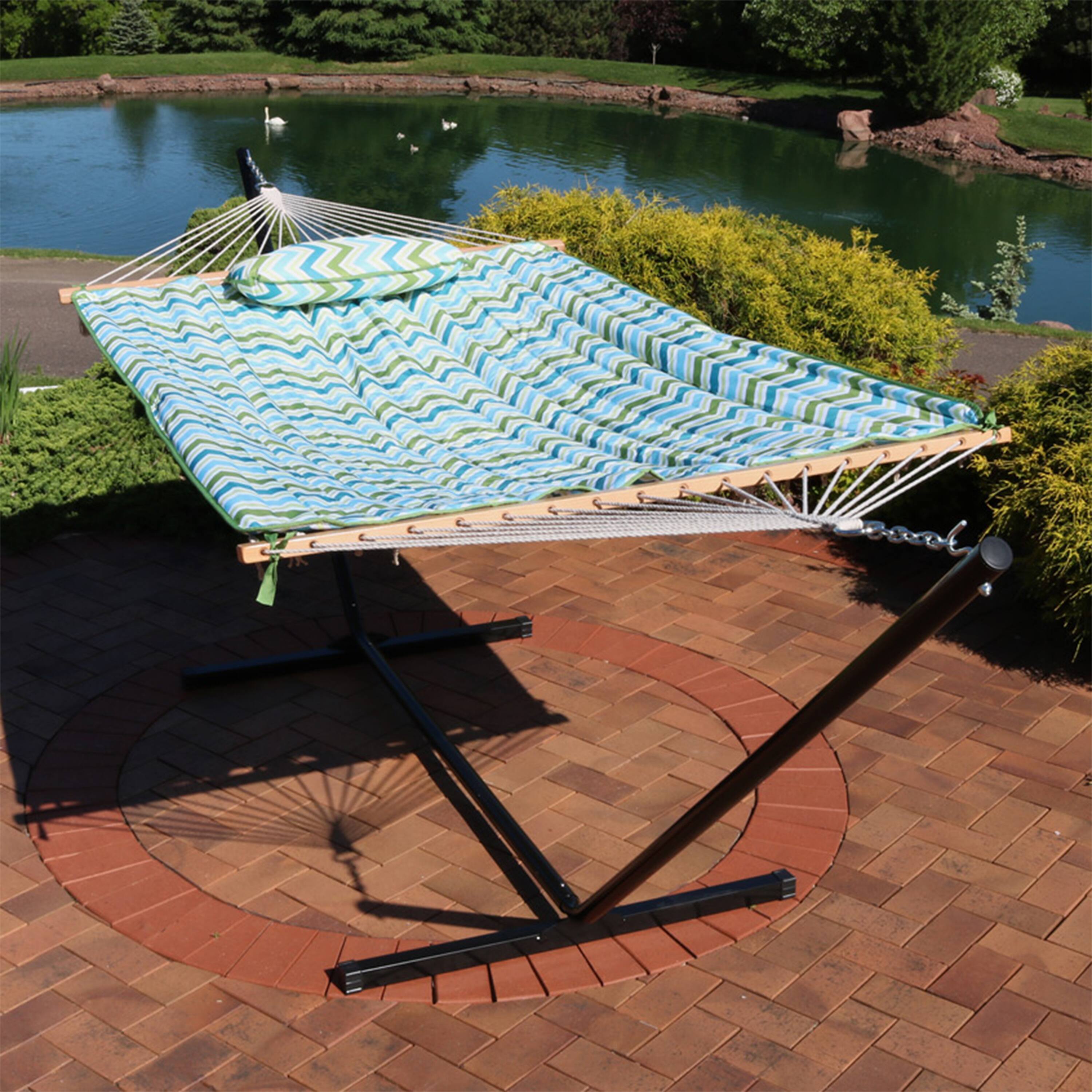 Alt View 5. Sunnydaze - Large Rope Hammock with Steel Stand and Pad/Pillow - Blue & Green Chevron.