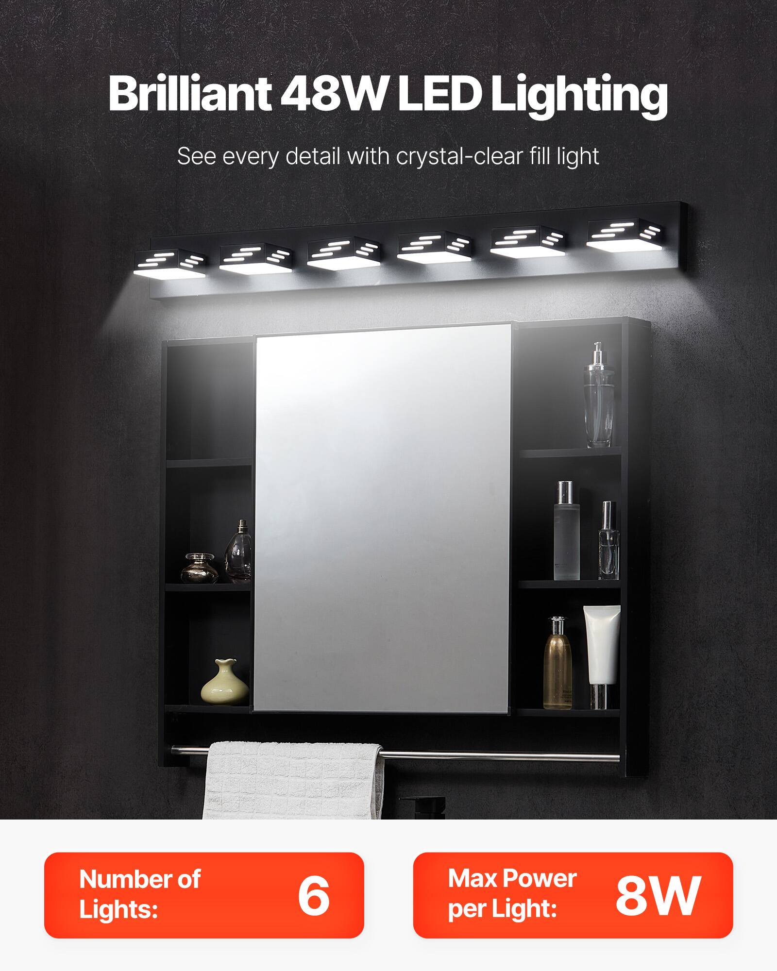 Brilliant 48W LED Lighting
See every detail with crystal-clear fill light
Number of Lights: 6
Max Power per Light: 8W