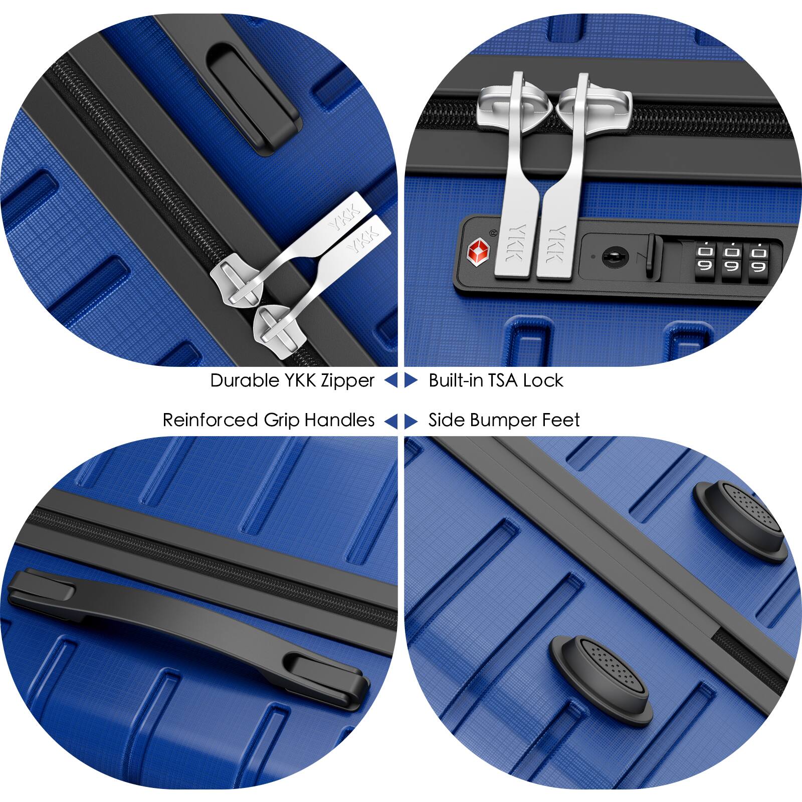 - Durable YKK Zipper
- Built-in TSA Lock
- Reinforced Grip Handles
- Side Bumper Feet