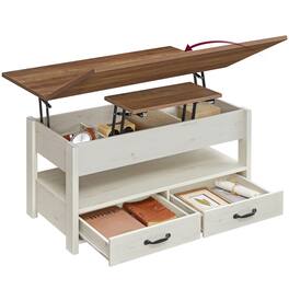 Songmics Home - Lift Top Coffee Table, Center Table with Storage, Gas Spring, 2 Drawers and 3 Hidden Compartments, Open Shelf - Honey Brown and Rustic White