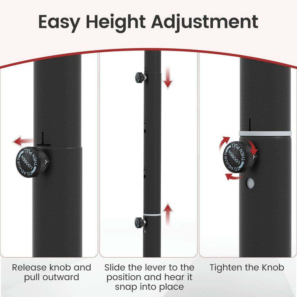 Easy Height Adjustment

1. Release knob and pull outward
2. Slide the lever to the position and hear it snap into place
3. Tighten the Knob