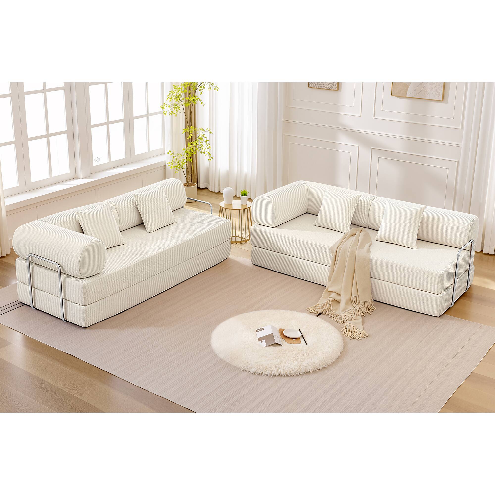 Angle. KERDOM - L-Shaped Corduroy Couch Chaise Lounge, 78'' Foldable Sofa Bed 2pcs Combined, Spliced Block Modular Sectional Sponge Sofa - Beige.