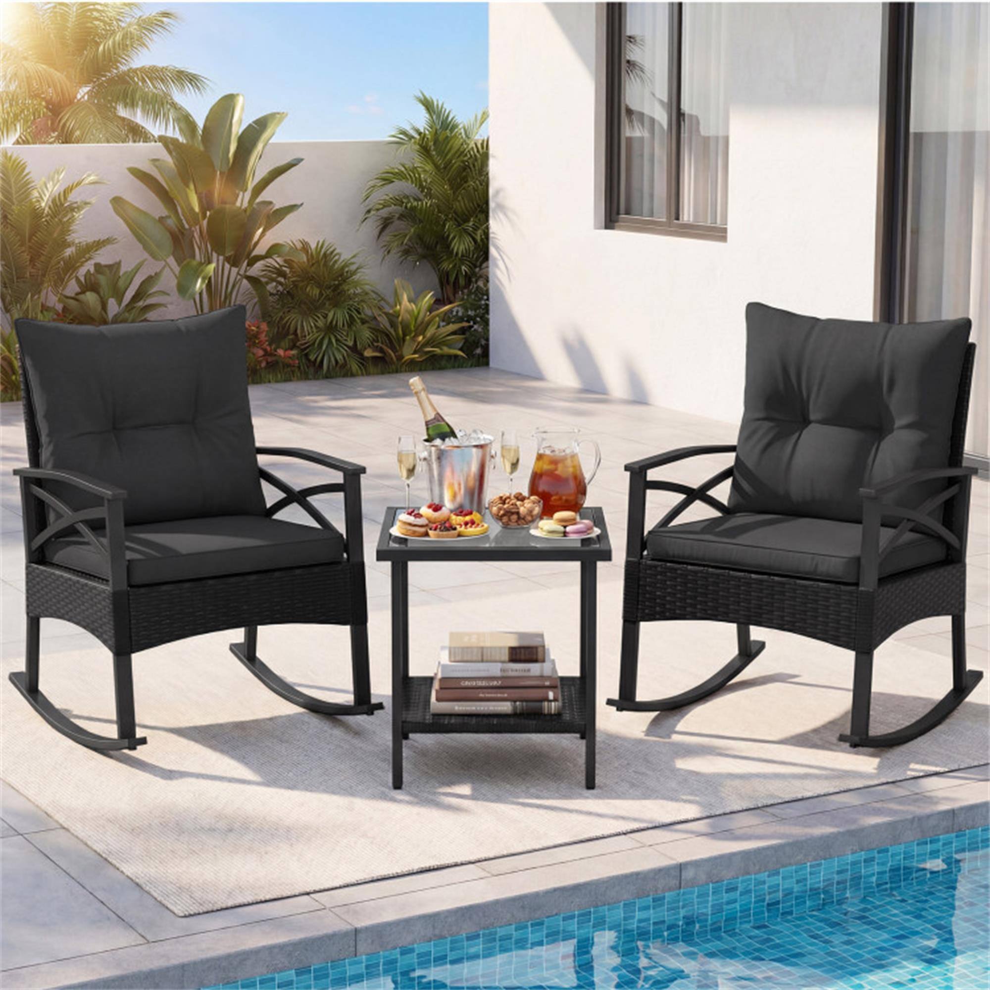 Alt View 3. Boyel Living - Black 3 Pieces Outdoor Rattan Rocking Chairs Set with 2-Tier Side Table for Garden Backyard- 280-in W x 323-in D x - Black.