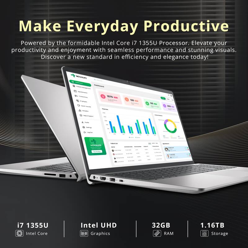 Make Everyday Productive

Powered by the formidable Intel Core i7 1355U Processor. Elevate your productivity and enjoyment with seamless performance and stunning visuals. Discover a new standard in efficiency and elegance today!

i7 1355U  
Intel Core

Intel UHD  
Graphics

32GB  
RAM

1.16TB  
Storage