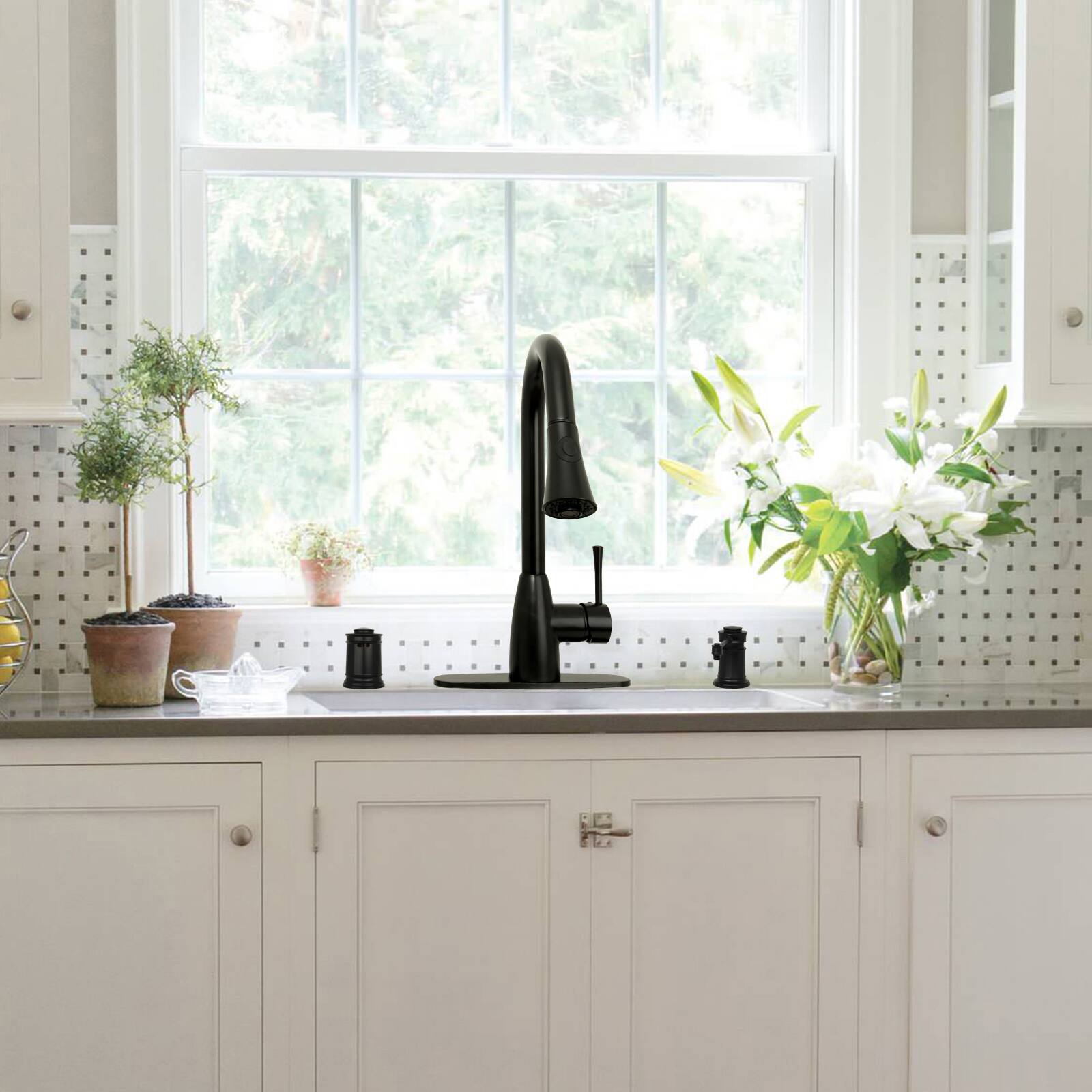 Alt View 2. Akicon - Akicon Brass Built-in Soap Dispenser for Kitchen Sink Top Refill with 17 oz. Bottle in Matte Black - Matte Black.