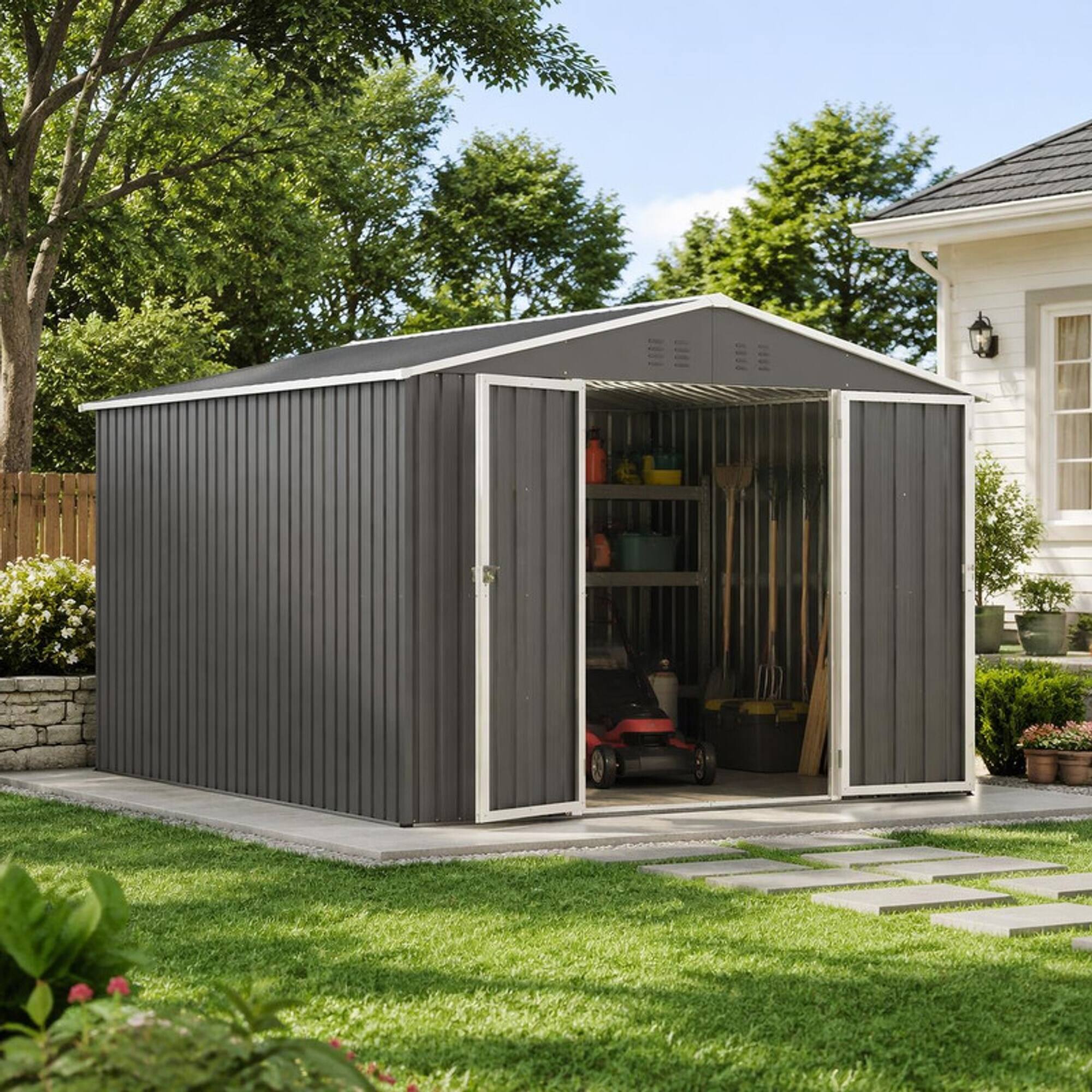Angle. RYHNUYNE - 10x10 FT Galvanized Steel Shed Lockable Doors Sloped Roof Backyard Patio Gray - Gray.