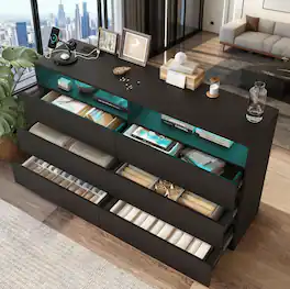 Dyonery - Modern 6-Drawer Double Dresser with Power Outlet & LED Lights, Wide Storage Chest with Open Shelving - Black