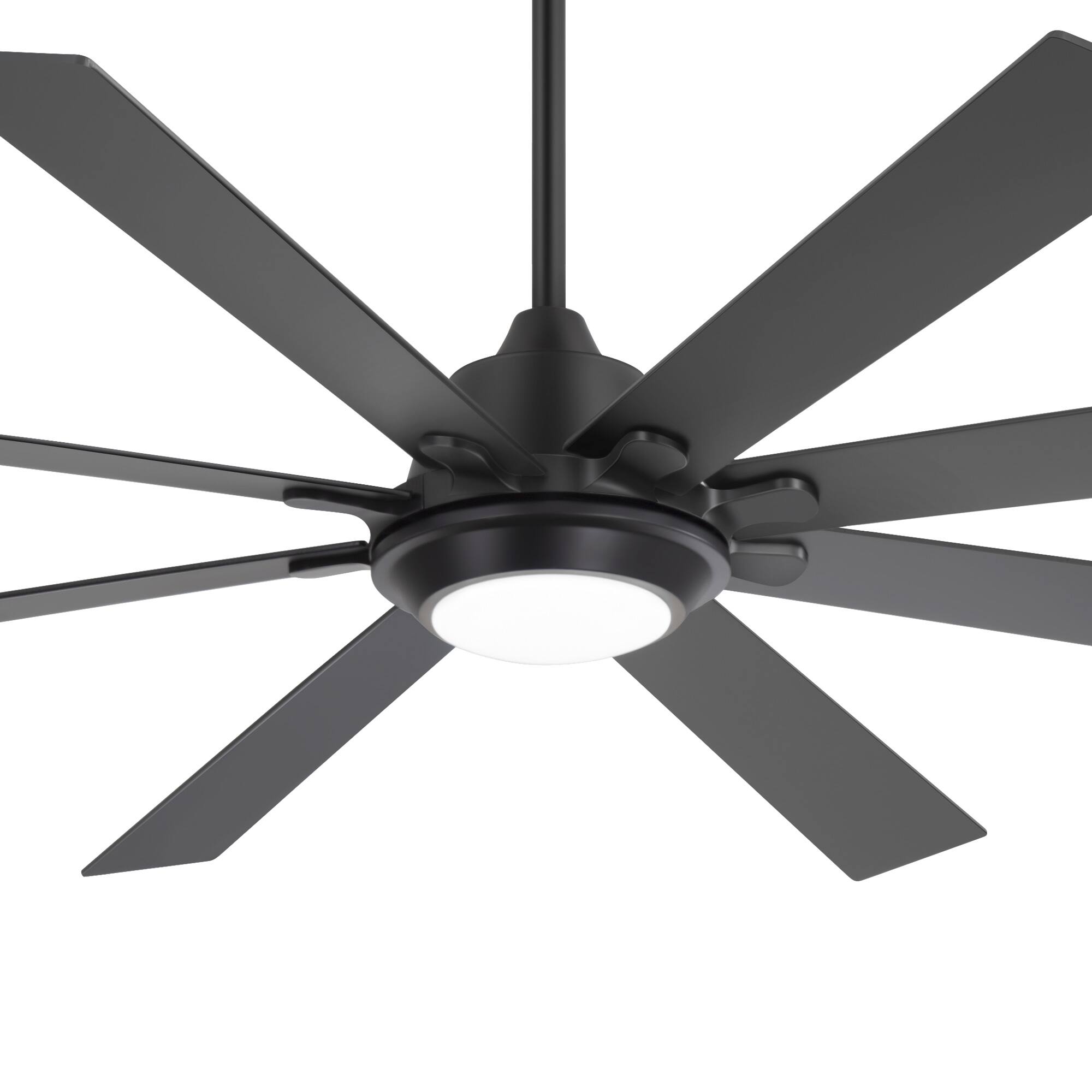 Left. Breezary - 72-Inch Ceiling Fan with 8 Dual-Finish Plywood Blades, 3-Color Light, 6-Speed DC Motor with Remote & Memory - Matte Black and Dark Wood Grain.